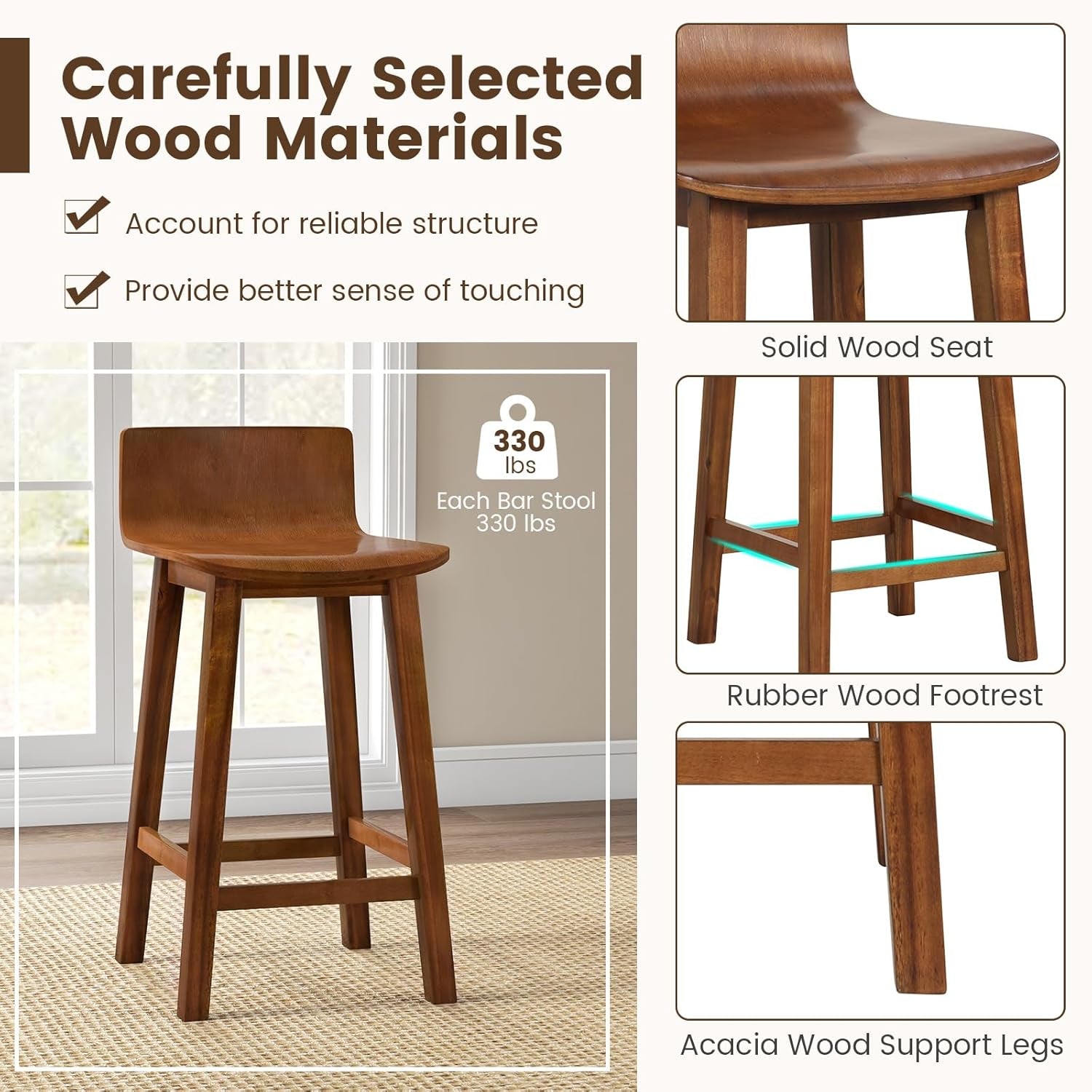 24.5 Inch Counter Height Farmhouse Wooden Bar Stool Set Of 2 With Brown Footrest And Low Back-3