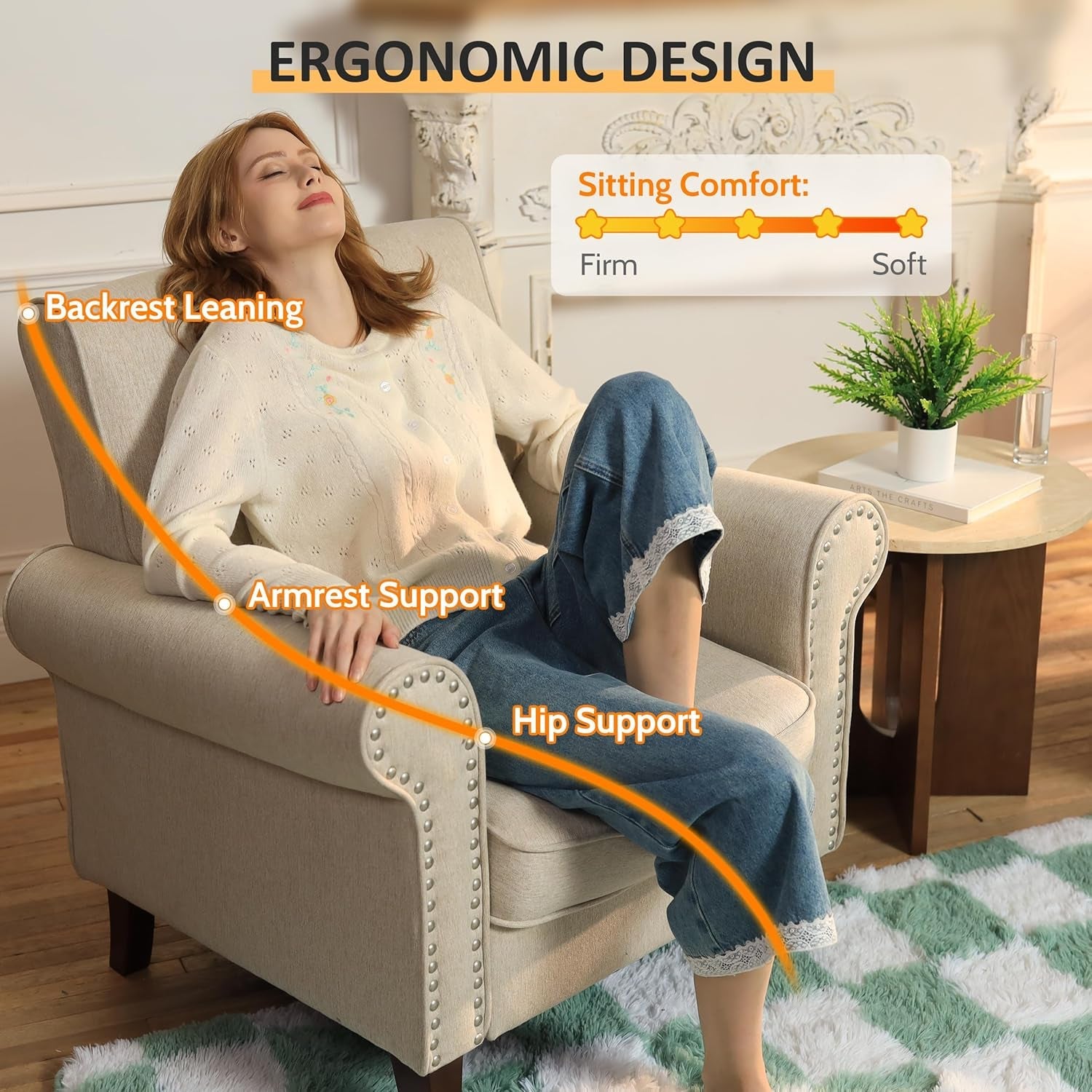 Beige Mid Century Modern Accent Chair With Nailhead Trim-4