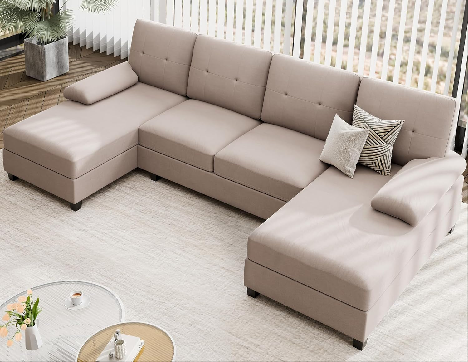 Sectional Sofa Couches for Living Room, U Shaped Sofa Living Room Furniture Sets, 4 Seat U Shaped Sofa Sectional Couch with Chaise, Dark Beige-0
