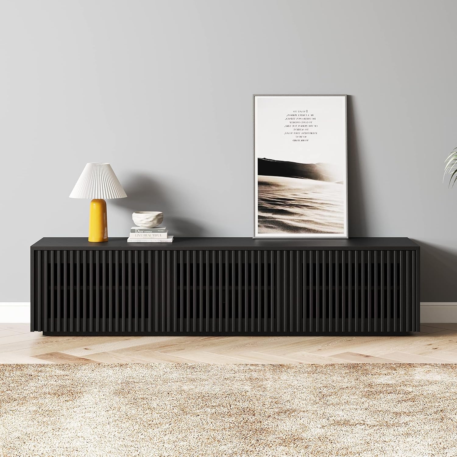 Modern Solid Wood TV Stand, Black Entertainment Center for 65 Inch TV, Full Assembled Media Console with Storage, Farmhouse Low TV Cabinets for Living Room Bedroom, Oak Veneer-1