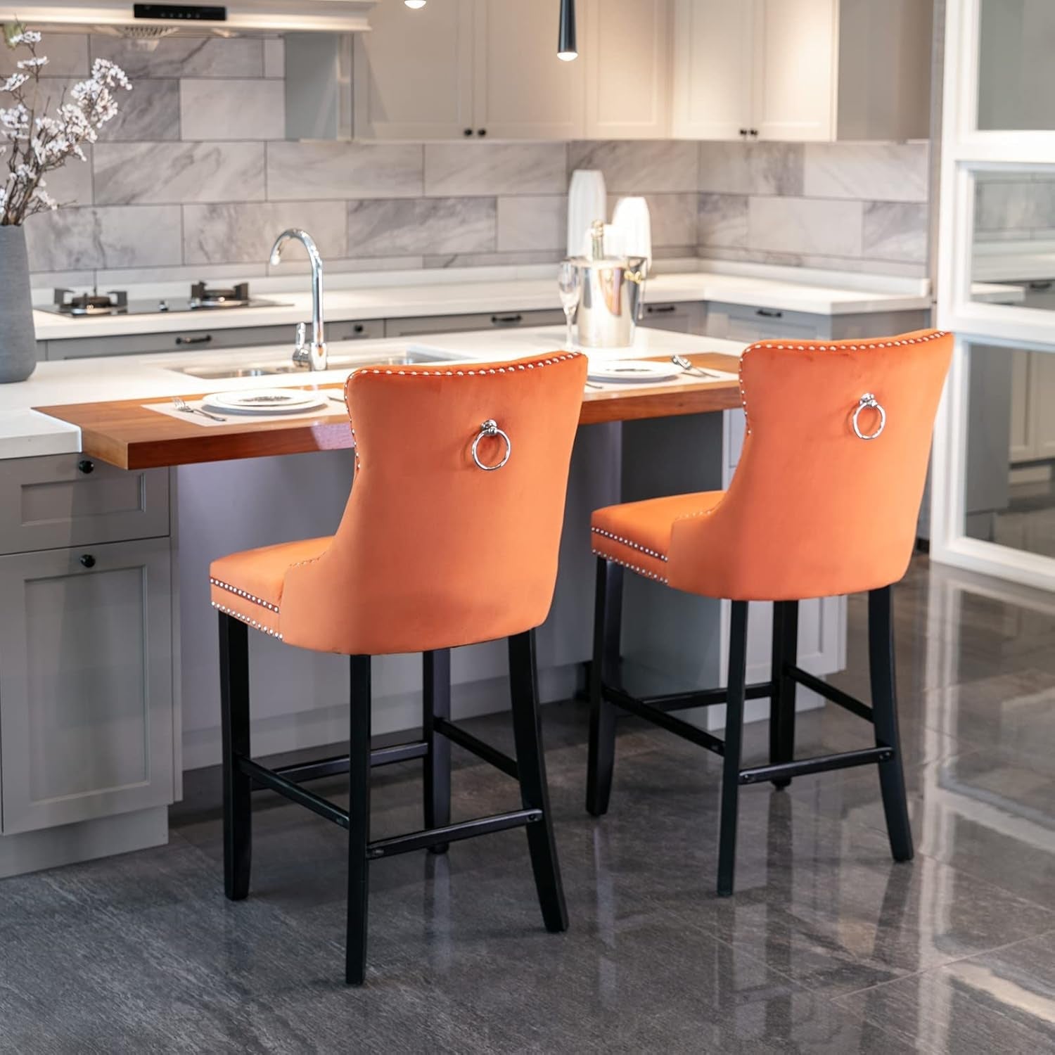 Wingback Velvet Bar Stools Set Of Two Orange Counter Height-2