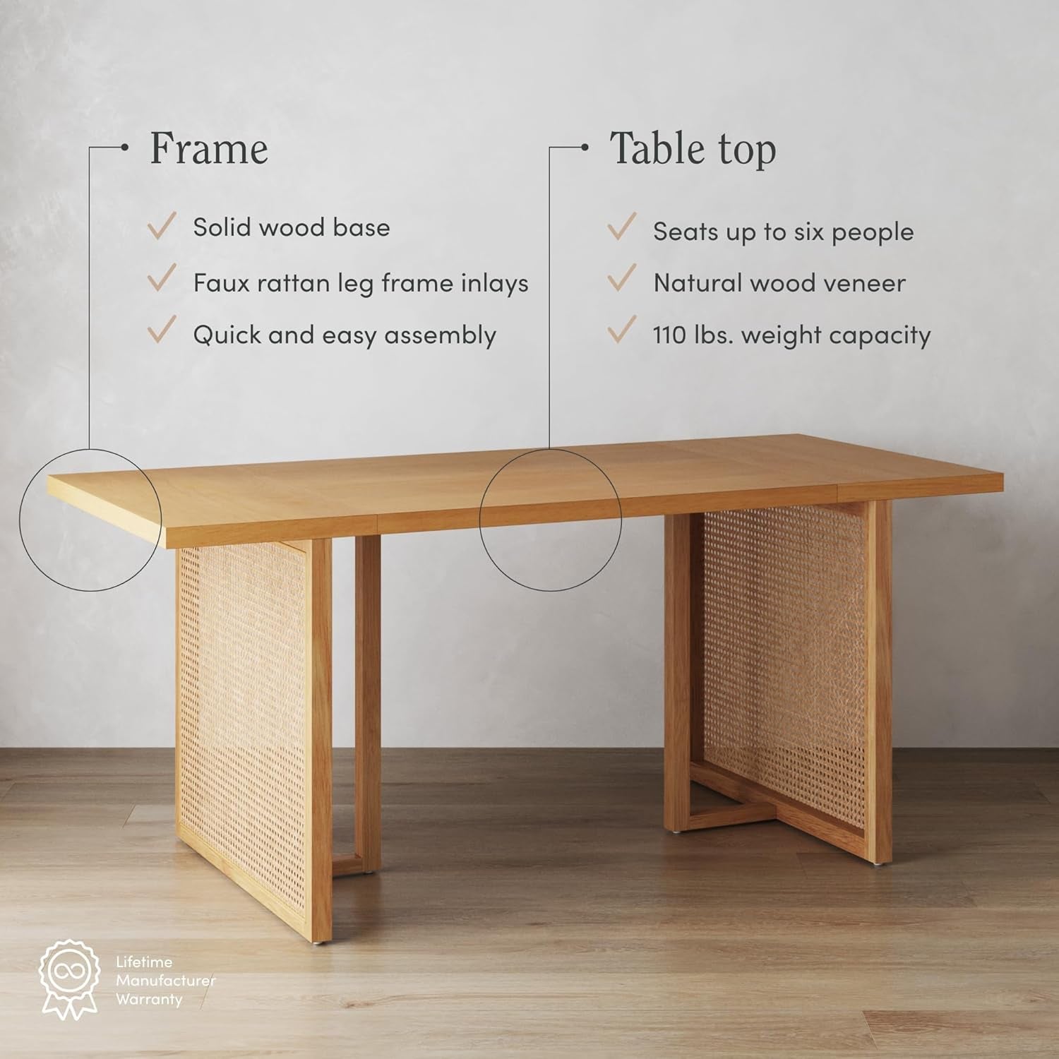 Willow Boho Dining Table for 6 with Solid Wood Legs, 6-Person Natural Wood Dining Table, Warm Pine or Brown Dining Table with Bohemian Rattan Accent-4