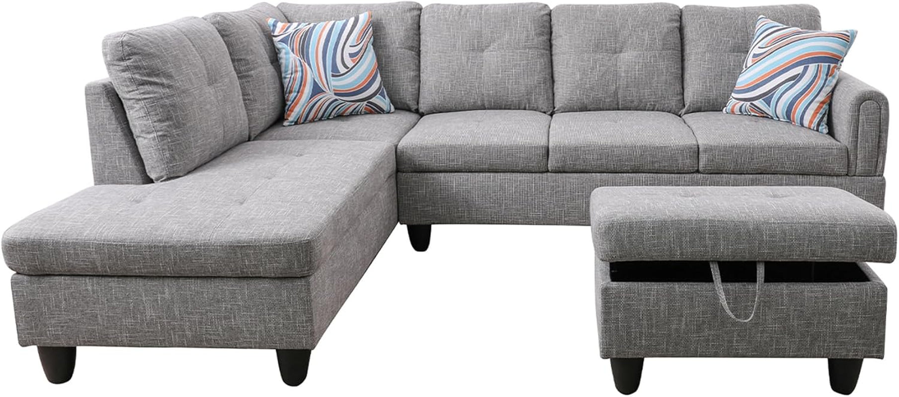 3-Piece Flannel Sectional Sofa Set with Left Facing Chaise and Storage Ottoman, Pillow, L-Shaped Couch for Living Room, Office, Apartment, Grey-4