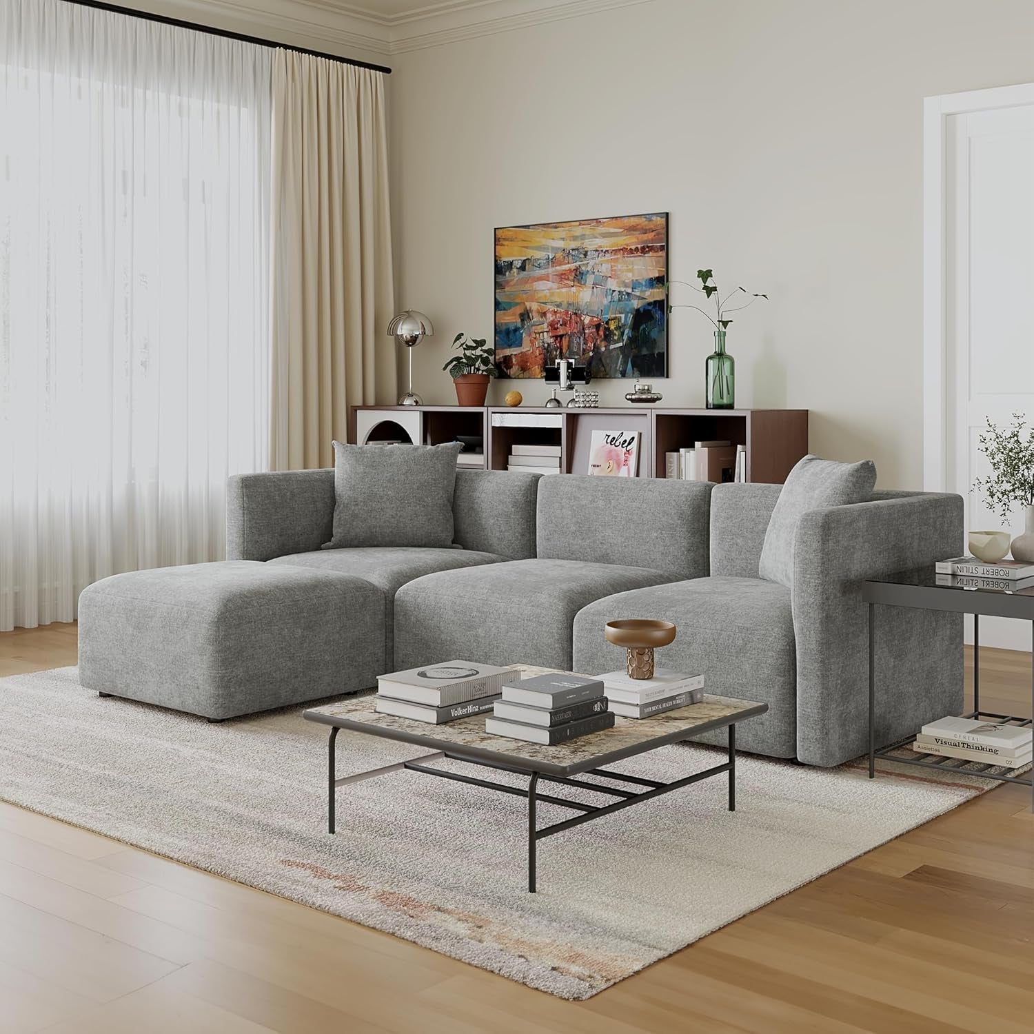 Luxury L-Shaped Upholstery Convertible Modular Sectional Sofa, Contemporary Reversible Couch with Chaise Lounge for Living Room, Apartment, Linen-Like Grey-3