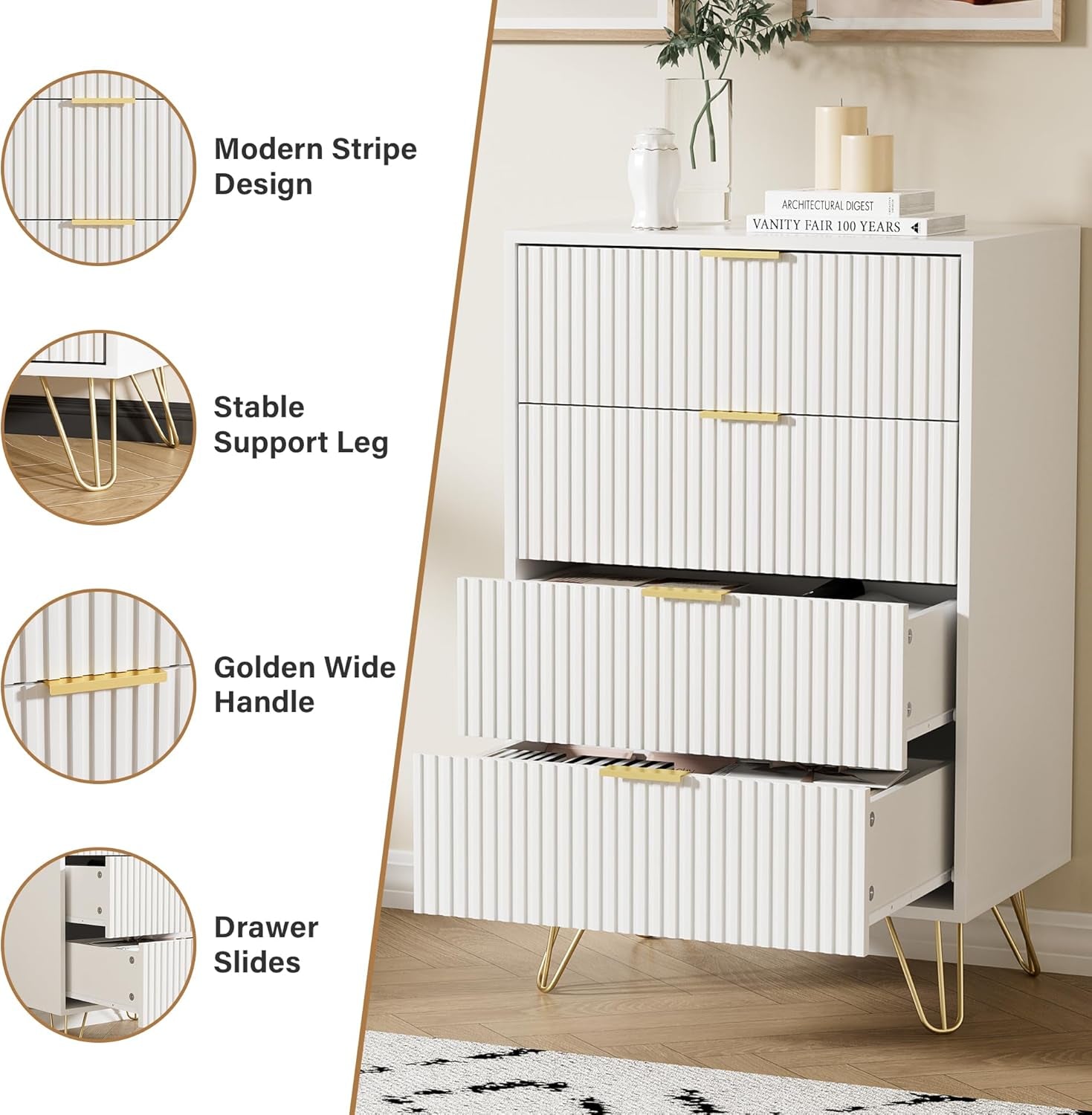 Contemporary White Dresser With Gleaming Gold Pulls-3