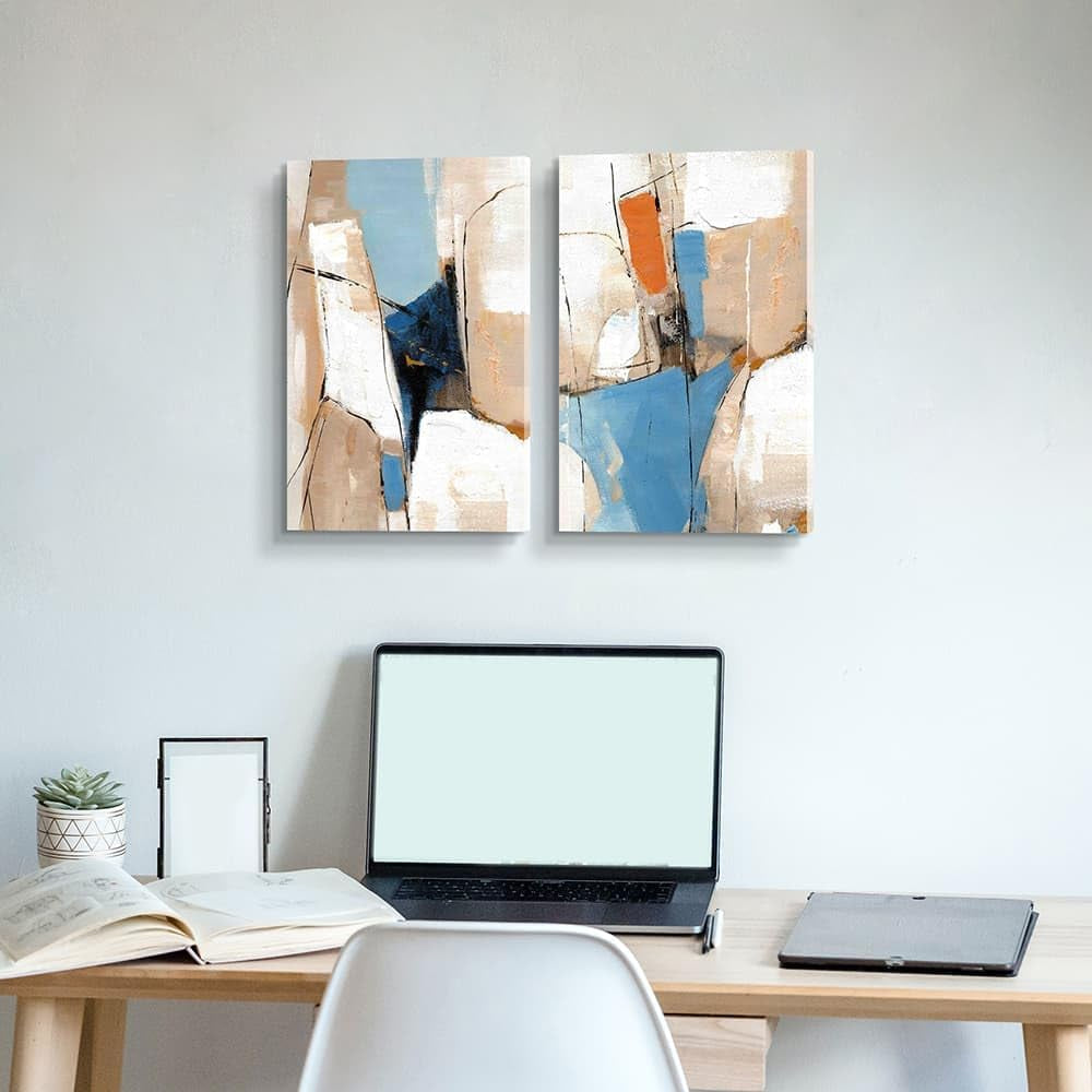 Khaki Blue Abstract Expressionist Canvas Wall Art Duo-2