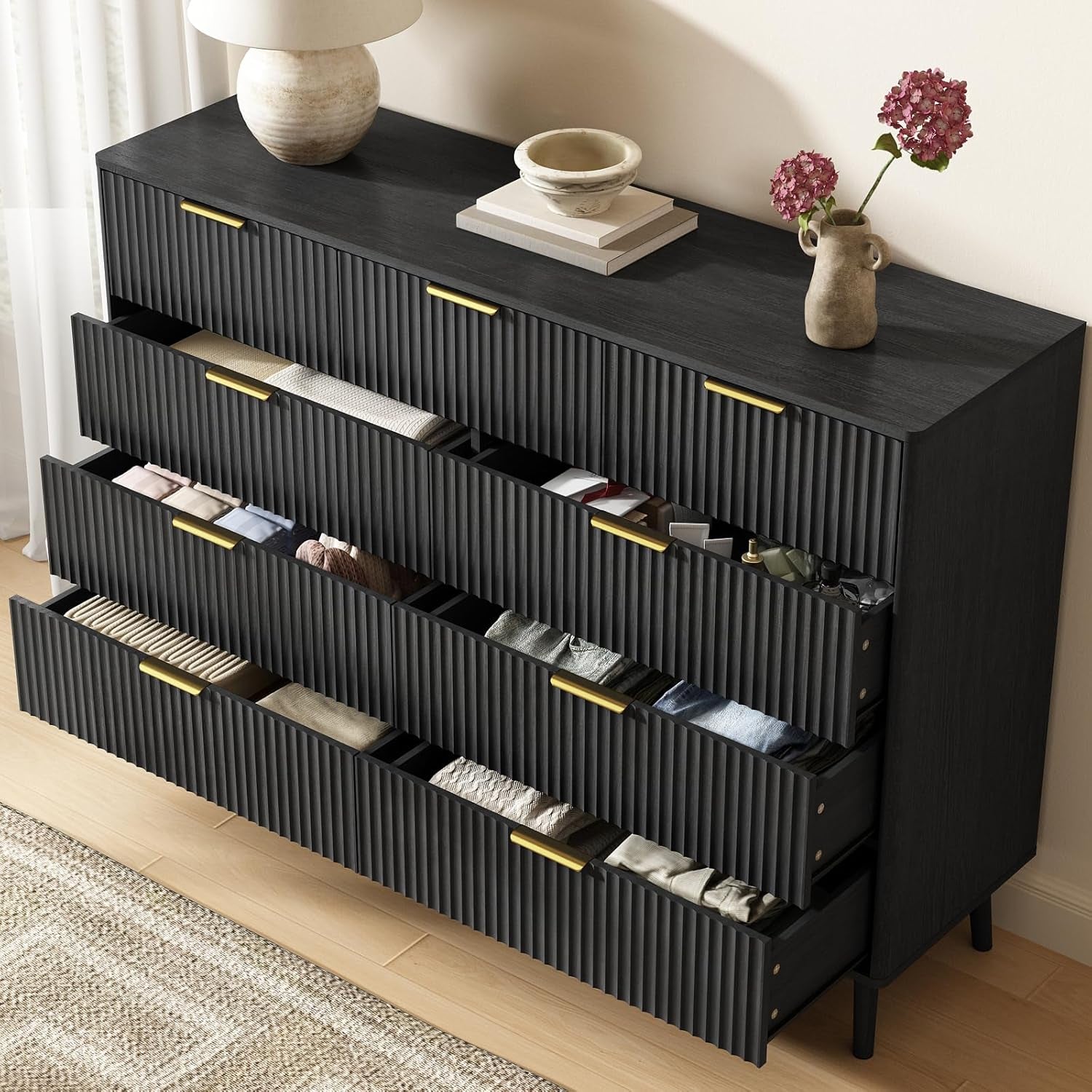 Fluted Nine Drawer Dresser FiftyFiveInch MatteBlack Organizer-4