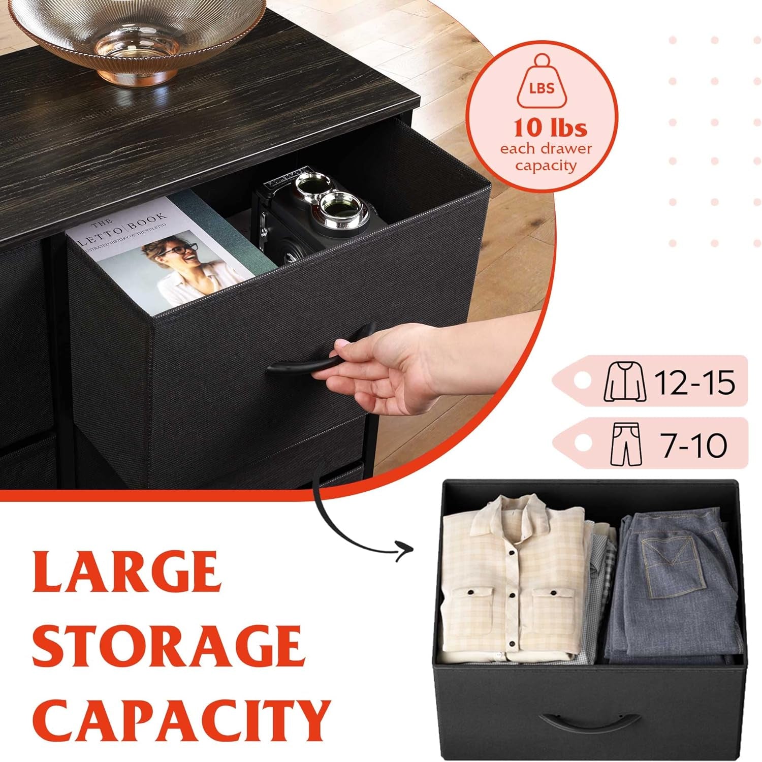 Tall Black Dresser With 10 Drawers And Fabric Bins Storage Organizer-4