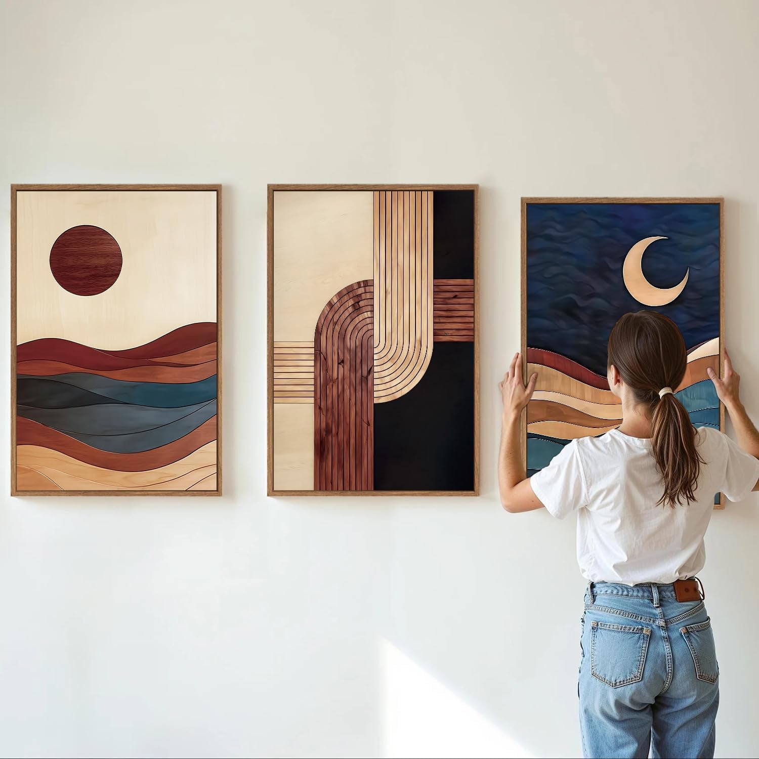 Three-Panel Beige Framed Canvas Wall Art 16x24 Inches-1