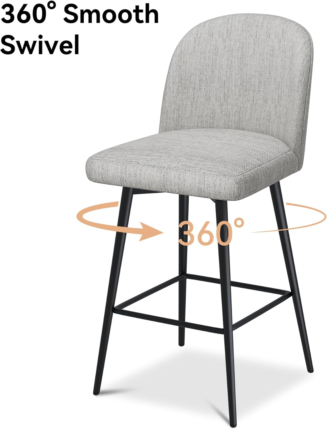 Counter Height Bar Stools Set of 3, 26 Inch Upholstered 360°Swivel Barstools with Back and Metal Legs, Linen Fabric Counter Stools for Kitchen Island, Dining Room, Pub, Light Grey-3