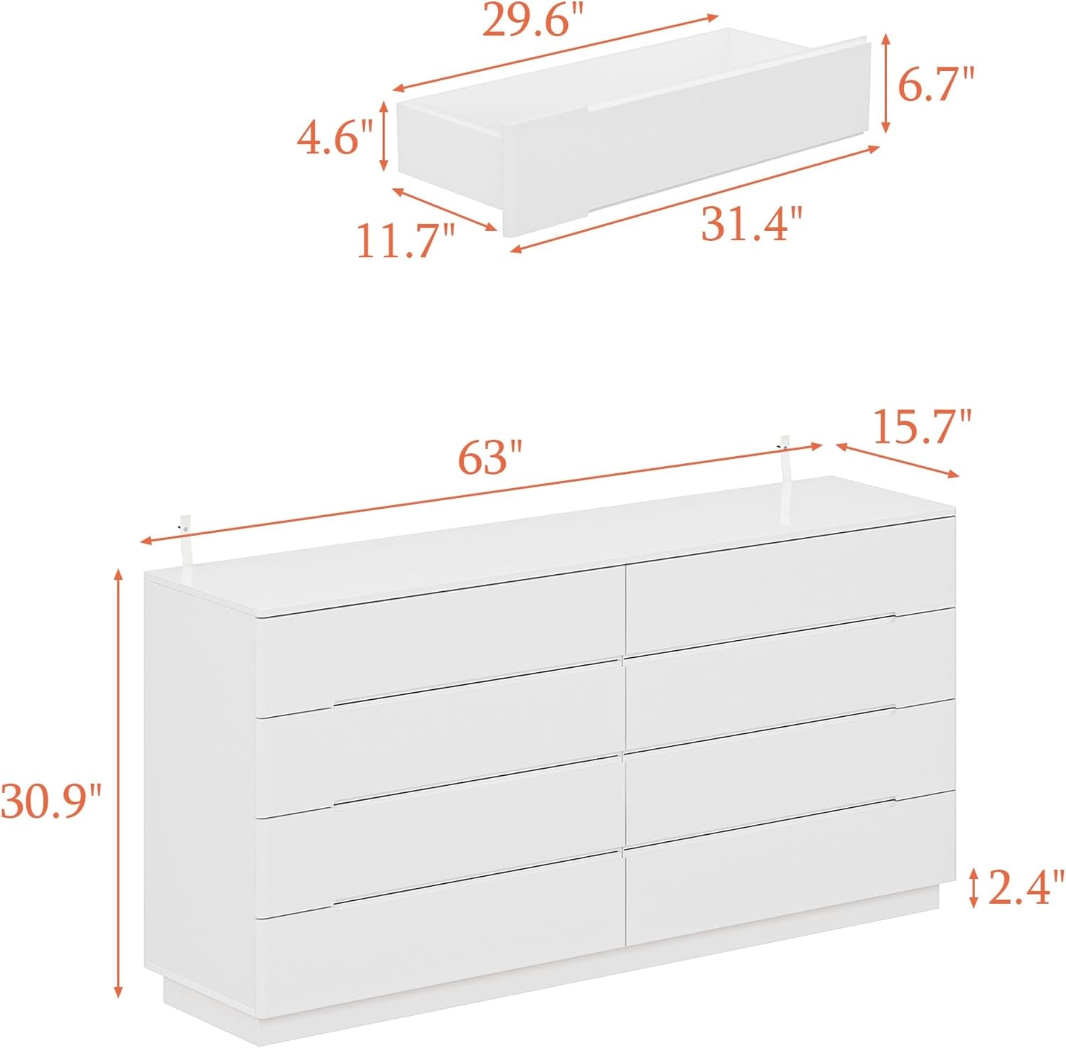 White Drawer Dresser with LED Light, Modern High Gloss Dresser with 8 Drawers, 63" Long Dresser Double Dresser Storage Chest of Drawer for Bedroom, Living Room, Entryway-1