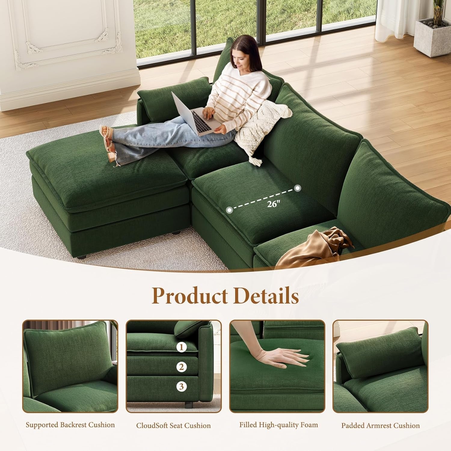 Green 108 Inch DeluxePlus Cloud Sleeper Sectional Sofa-3
