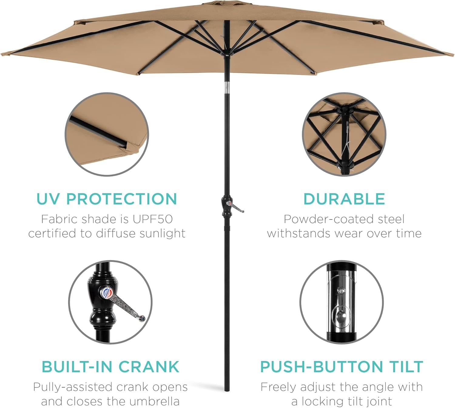 10 Foot Outdoor Steel Polyester Patio Umbrella Tan With Crank Tilt And Table Compatible-4