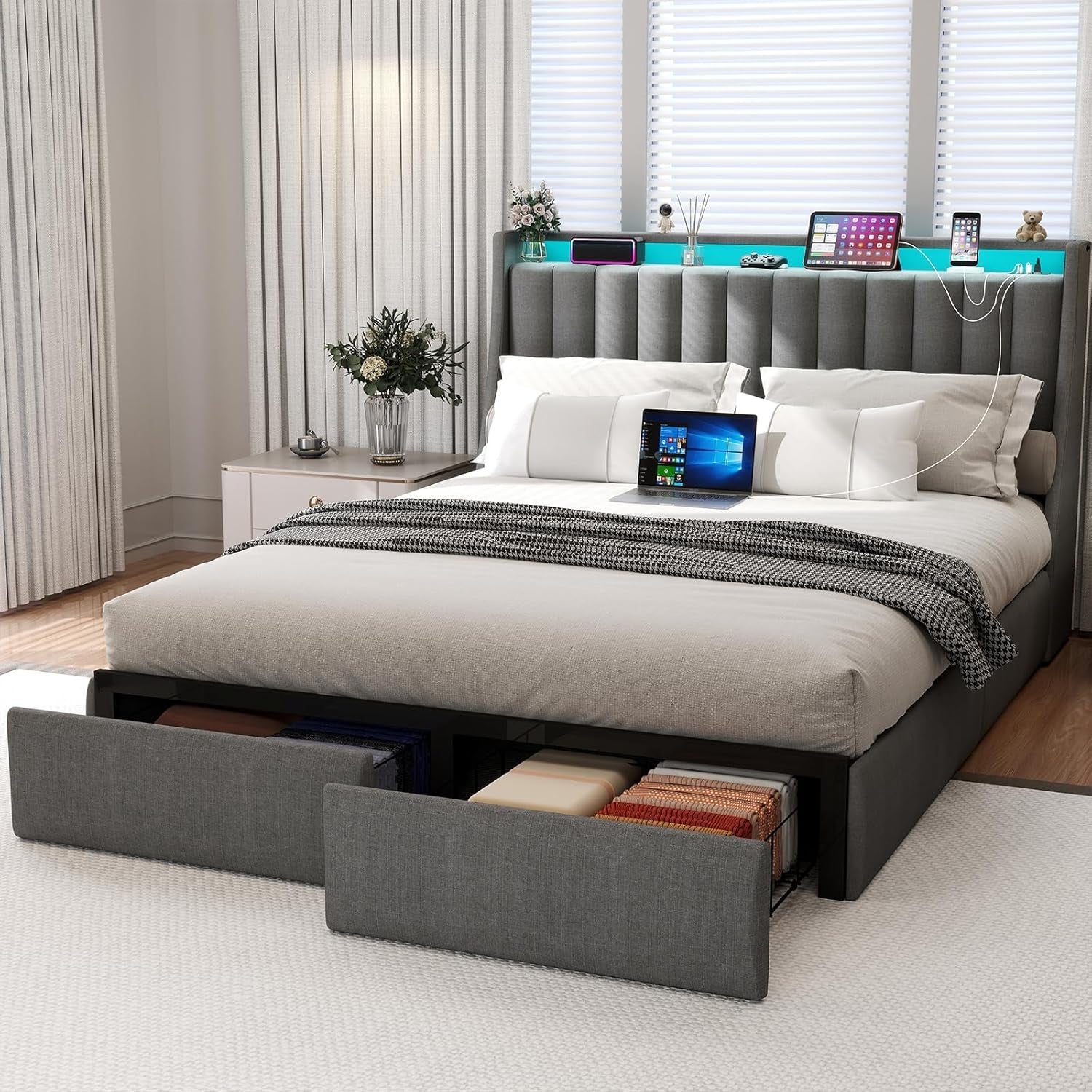 Queen Bed Frame with 2 Storage Drawers, Platform Bed Frame Queen Size with LED Light, Upholstered Headboard, Charging Station, Steel Slat Support, No Box Spring Needed, Noise-Free, Easy Assembly, Gray-2