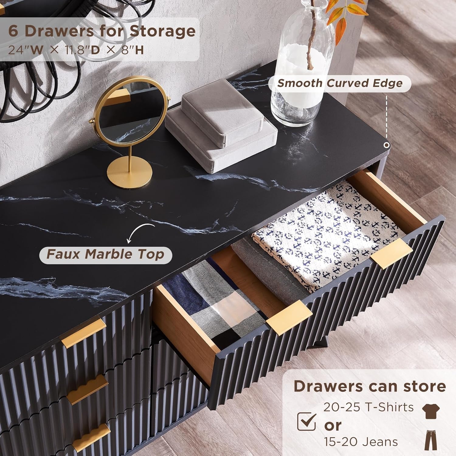 54 Inch Fluted Dresser With Dark Gray Faux Marble Top-3