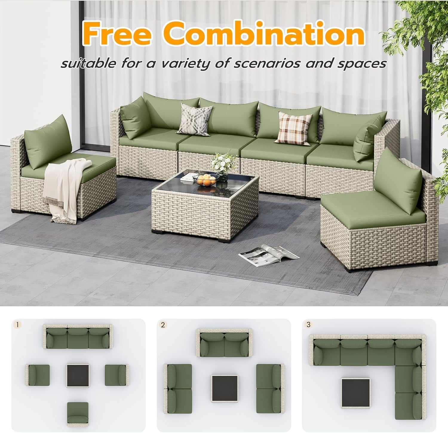 Patio 7 Piece PE Wicker Sectional Sofa Set Table Green-4