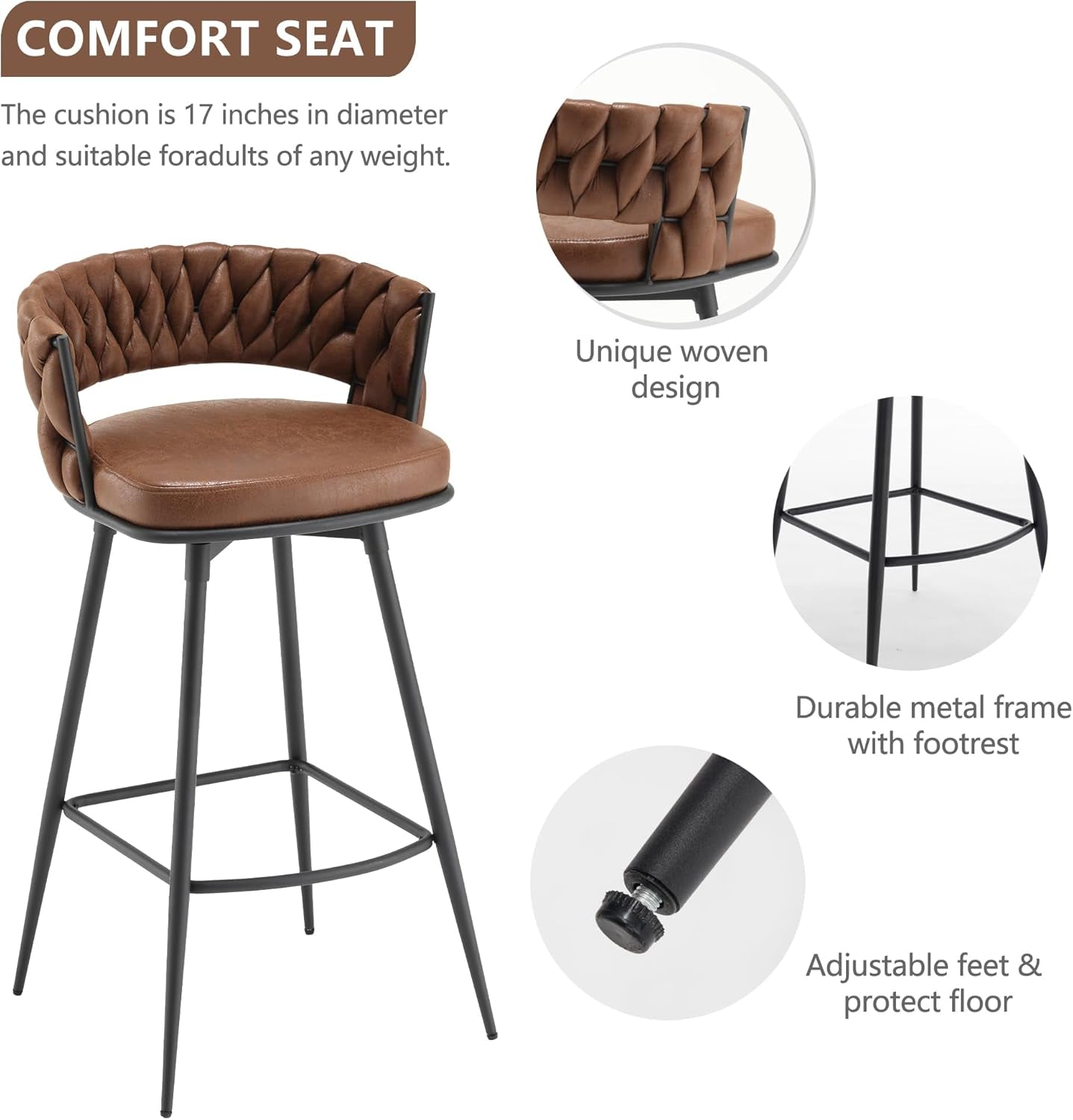 BV Counter Height Bar Stools Set of 4, 26 Inch Seat Height Bar Stools, 180° Swivel Barstools with Woven Back and Footrest, Suede Fabric Counter Stools for Kitchen Island, Bar Pub-3