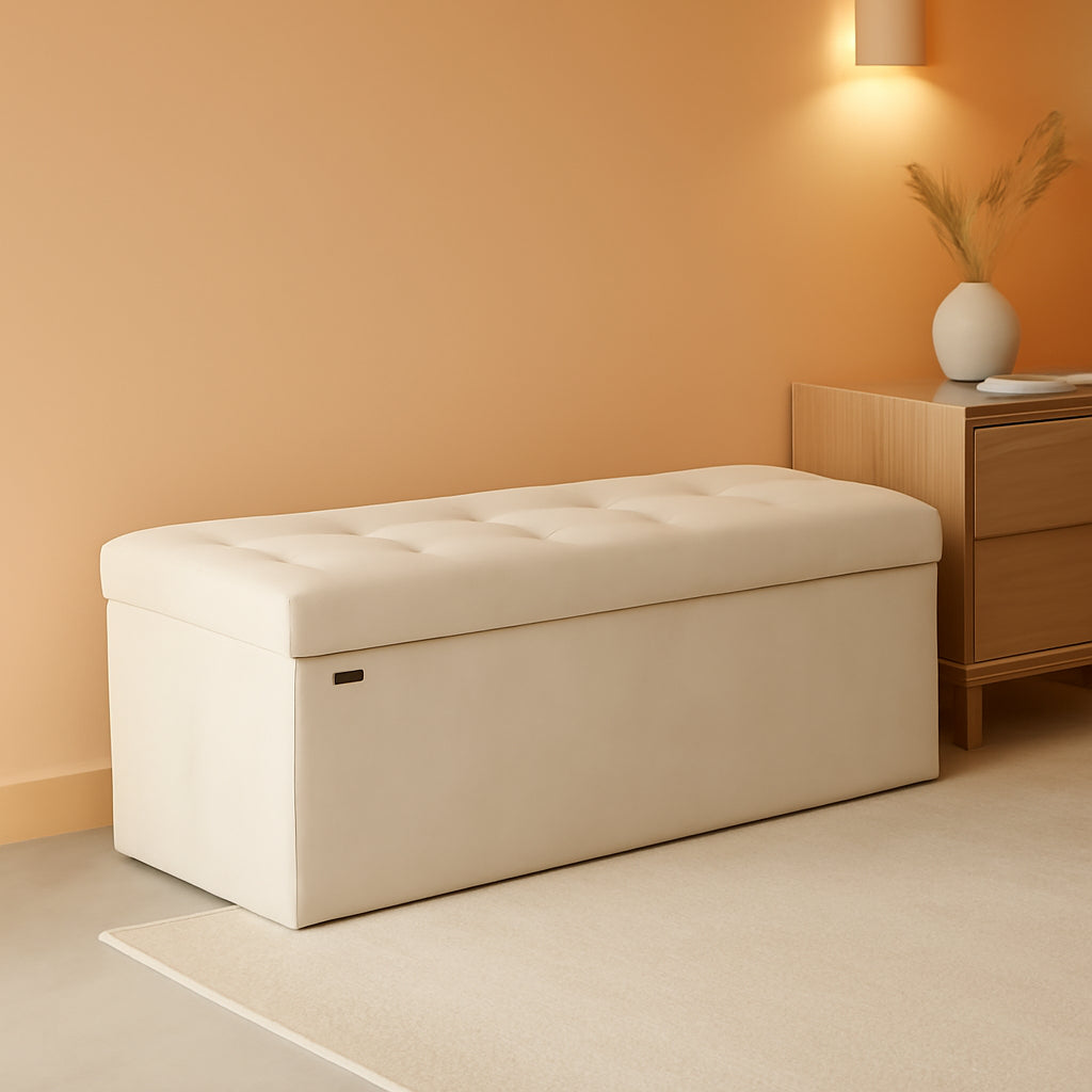 Cream White Storage Ottoman Bench Foldable 15x43x15-0