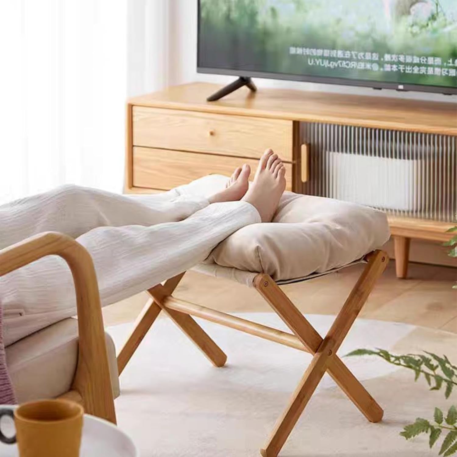 Bamboo Foldable Ottoman Foot Rest Beige Upholstered-1