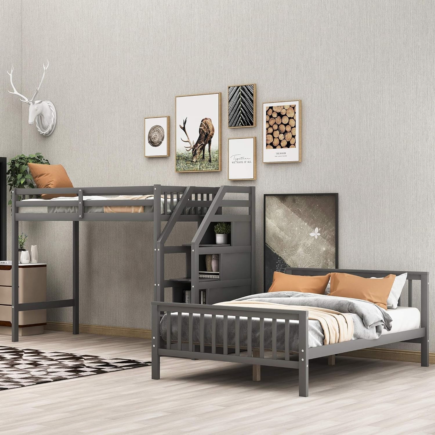 Gray Twin Over Full Bunk Bed with Stairs-4