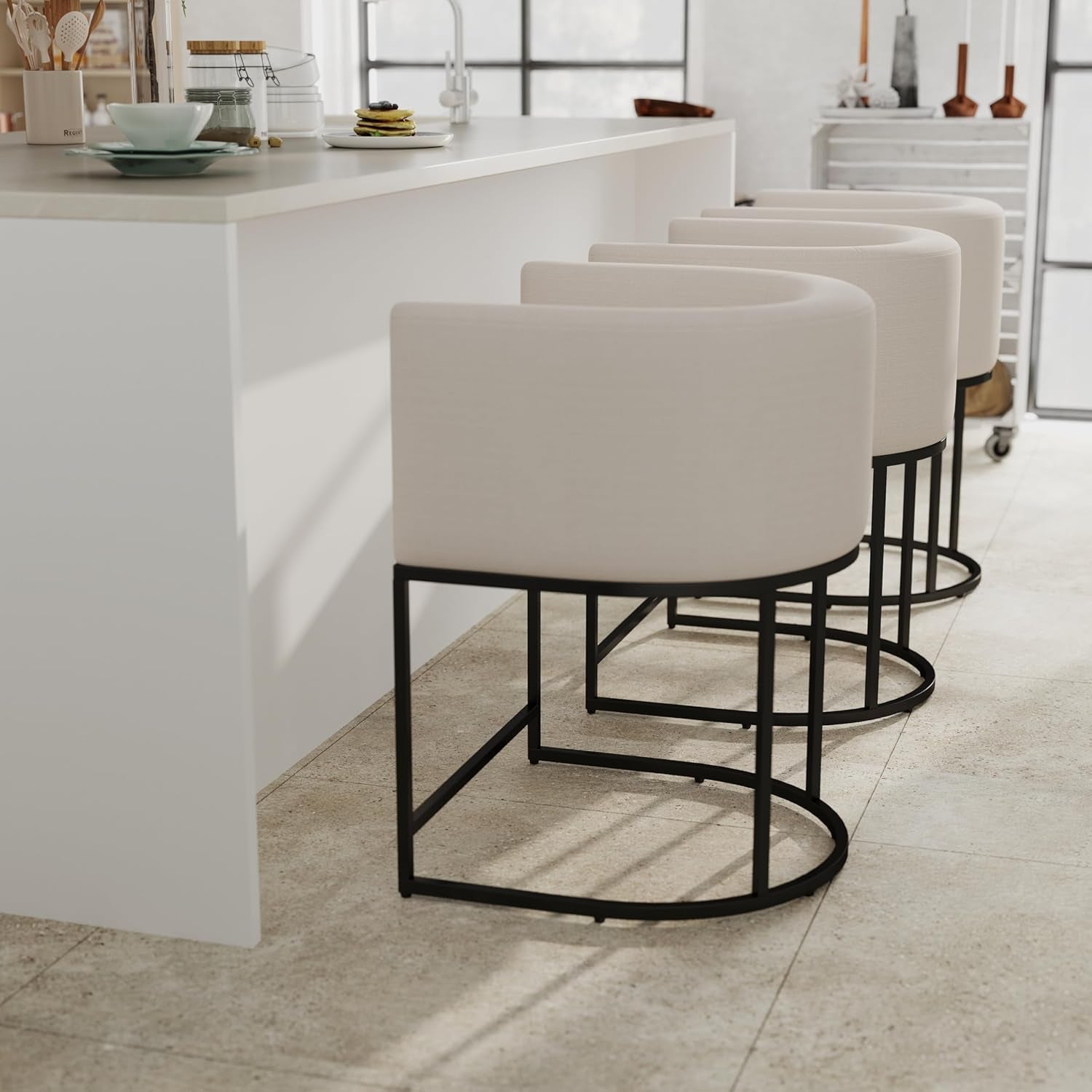 Contemporary Cream Linen Bar Stools Counter Height Set-0
