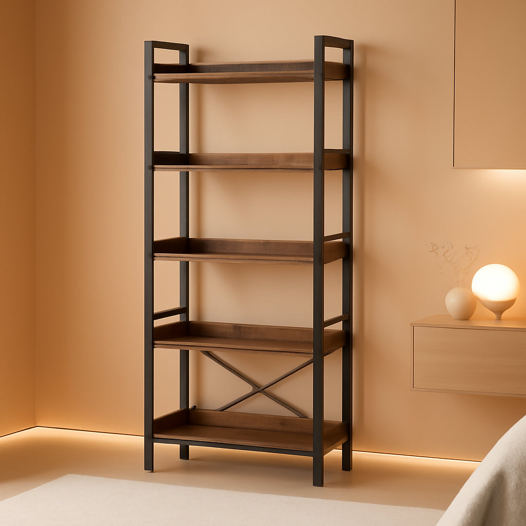 Adjustable 6 Tier Industrial Wood And Black Metal Bookcase-0