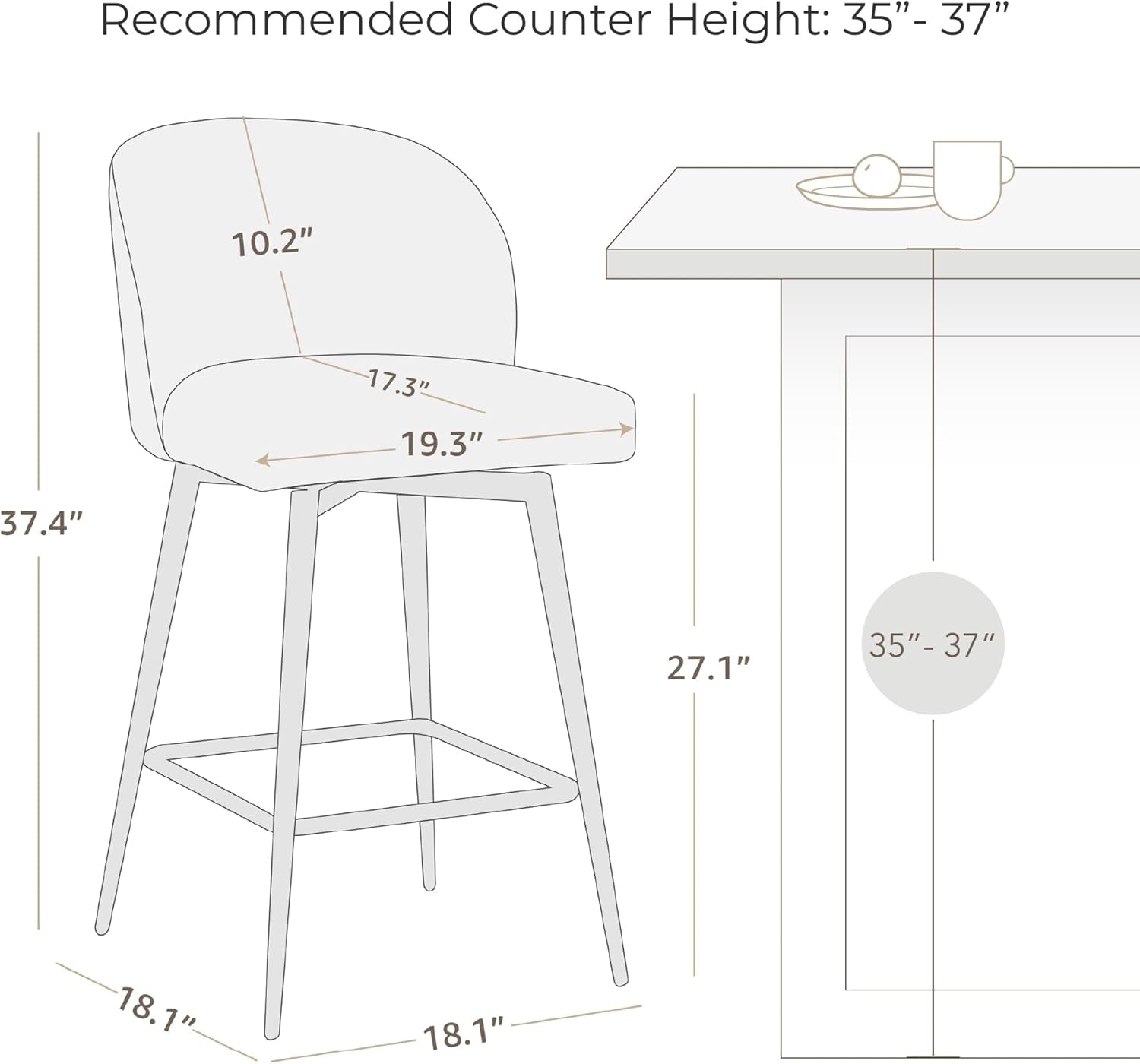 Counter Height Bar Stools Set of 3, 360° Swivel Upholstered Barstools with Backs and Metal Legs, 26" H Seat Height, Fabric in Grey (Multi-Colored)-1
