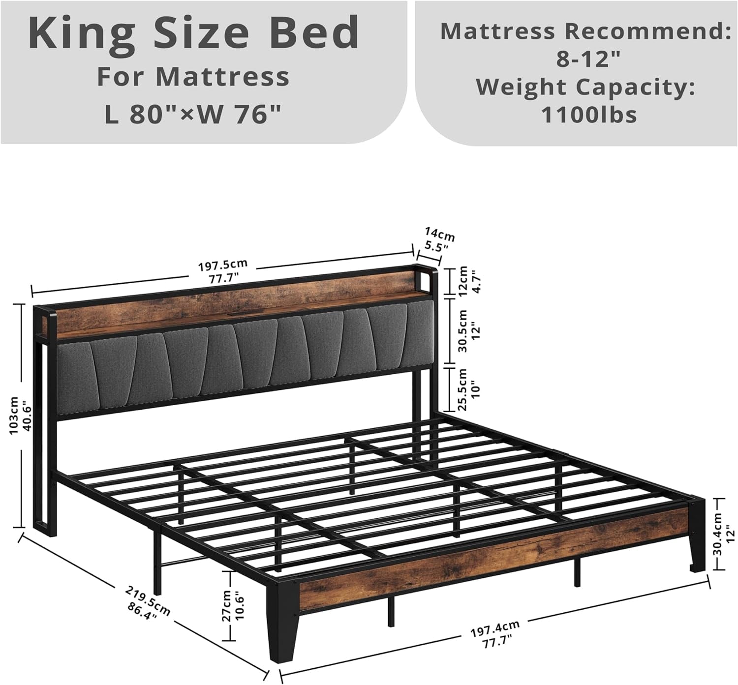King Size Bed Frame, Storage Headboard with Charging Station, Solid and Stable, Noise Free, No Box Spring Needed, Easy Assembly-1