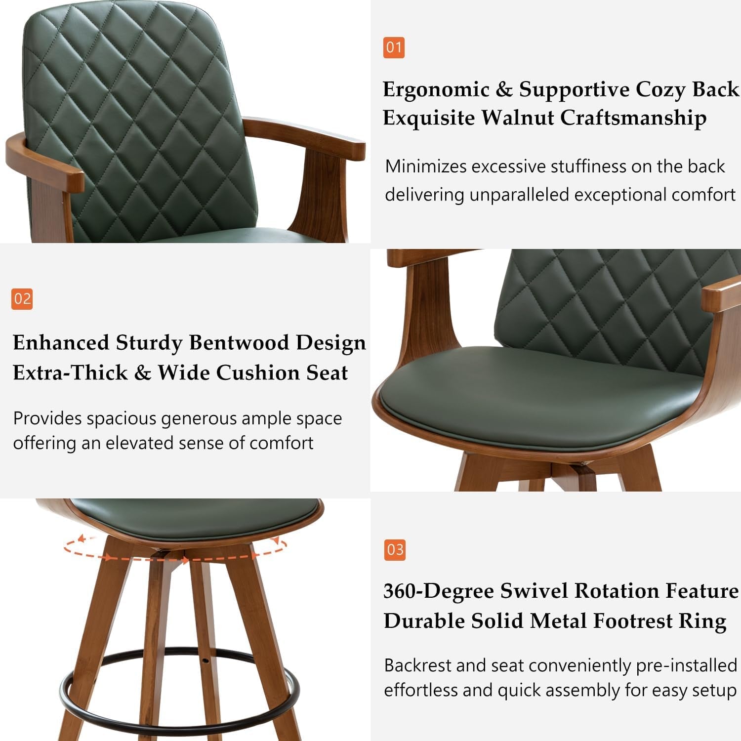 Set of 2 Bar Height Bar Stools - 30 Inch Swivel Bar Stools with Curved Back and Arms, Walnut Craftsmanship, Upholstered Seat, Mid Century Barstools for Bar/ Pub/Island/Coffee (30" Seat Height, Green)-2
