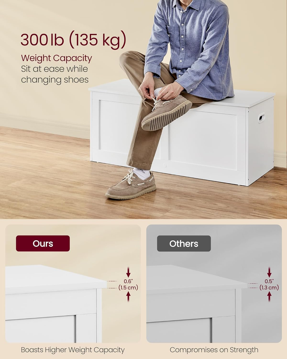 Cloud White Oversized Entryway Storage Bench Hinges-4