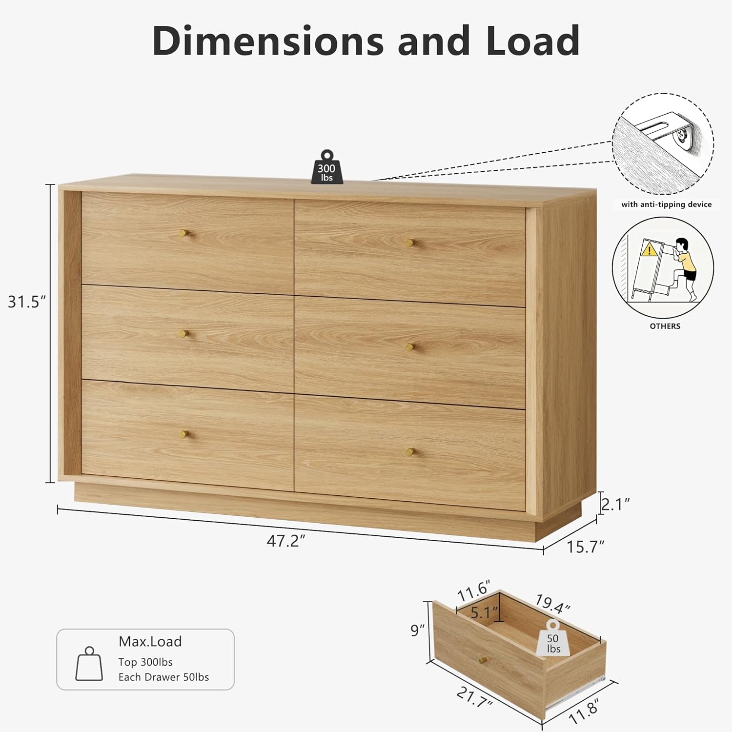 Mid Century Modern Dresser 47InchWide GoldOakFinish-1