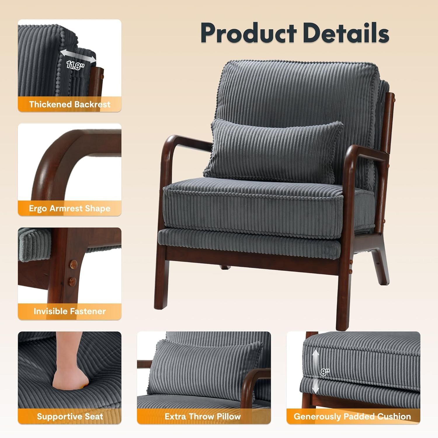 Grey Mid Century Accent Chair With Wood Frame Comfortable-3