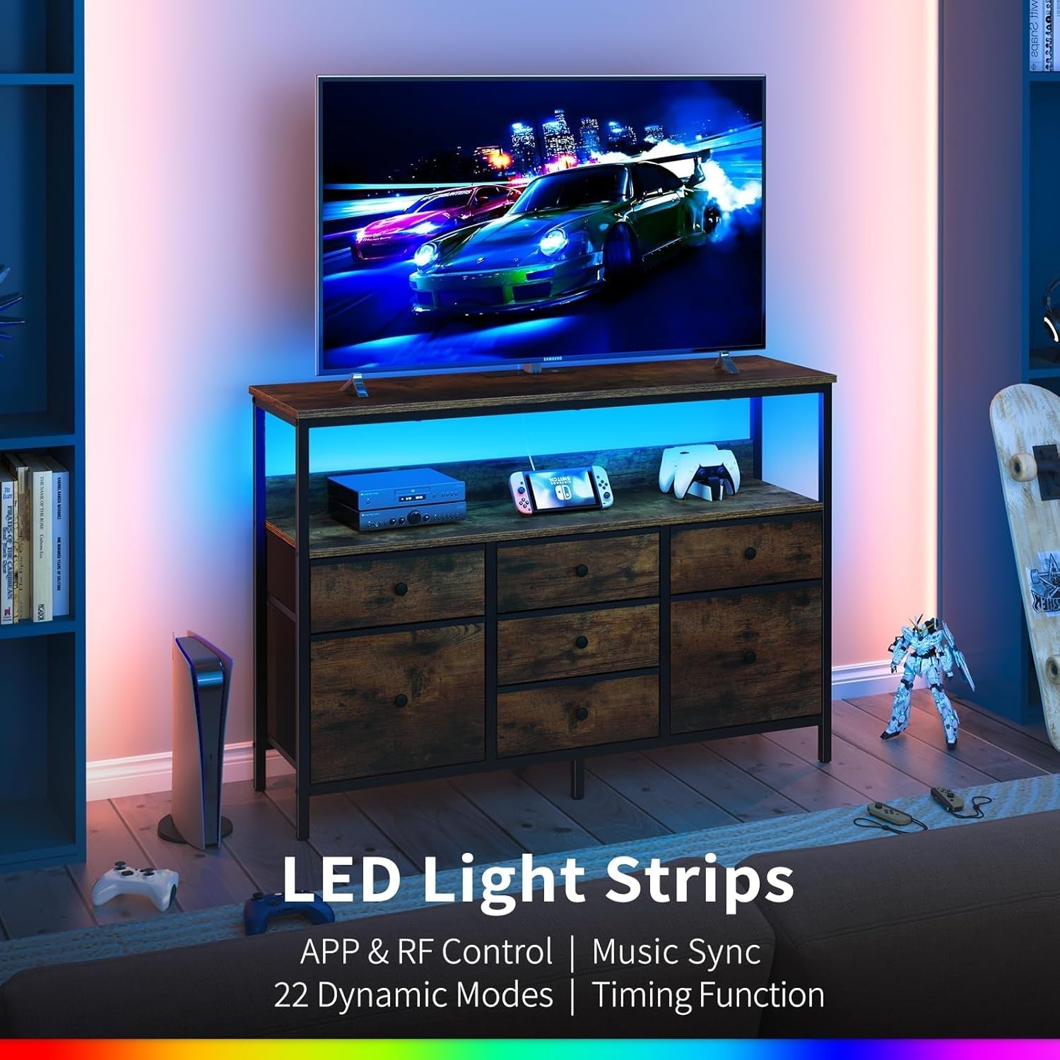 TV Stand Dresser for Bedroom, 7 Fabric Drawers Entertainment Center, LED Dressers with Power Outlets, TV Stands for Living Room with Storage Shelf, TV Console Entertainment Stand up to 50" TV-3