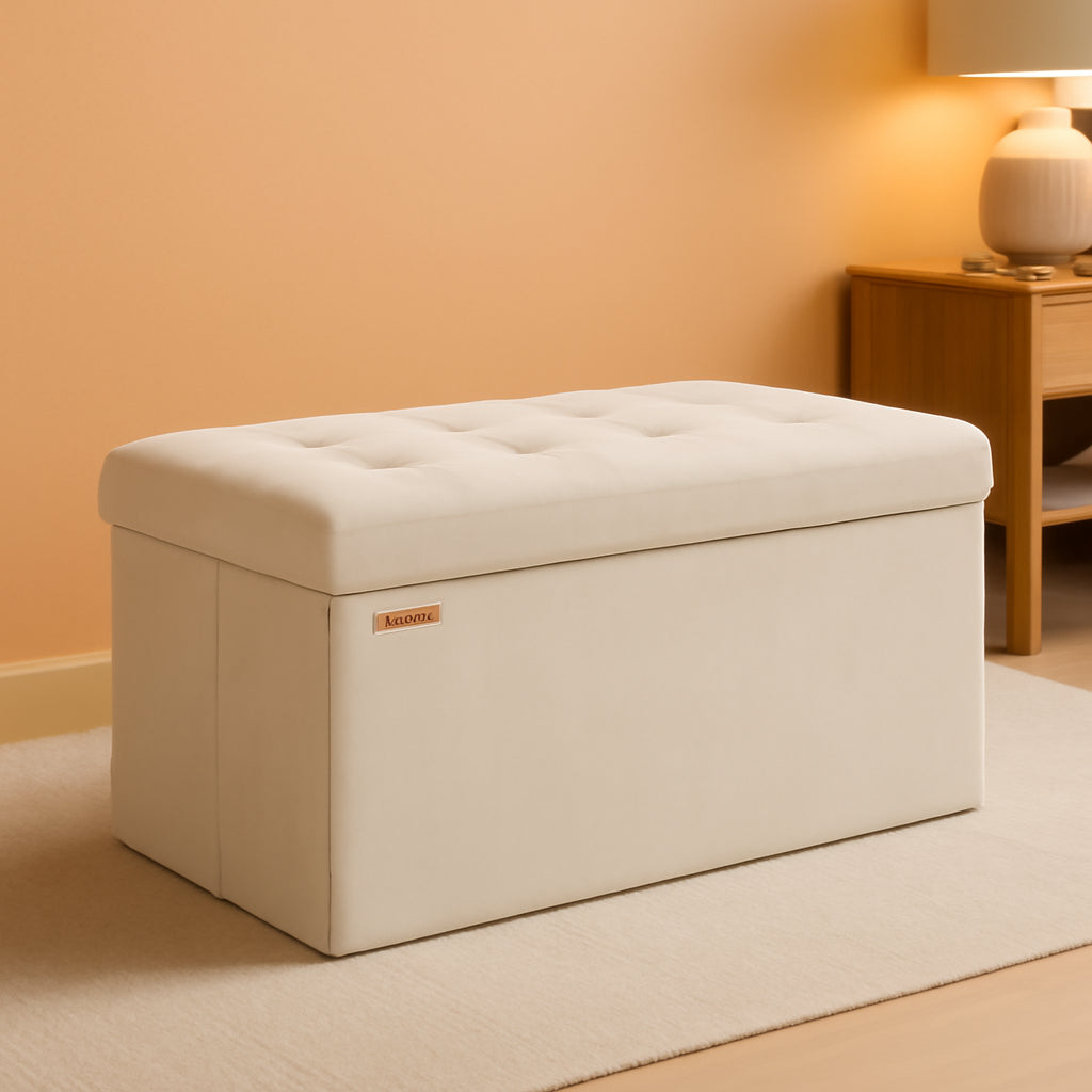 Cream White Foldable Storage Ottoman Bench 15x30x15-0