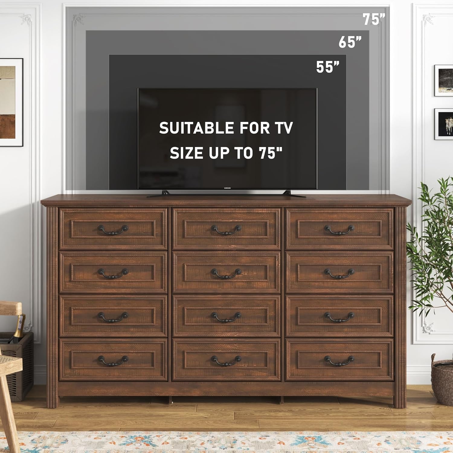 Farmhouse Dresser 12Drawer 63Inch Brown Storage Cabinet-4