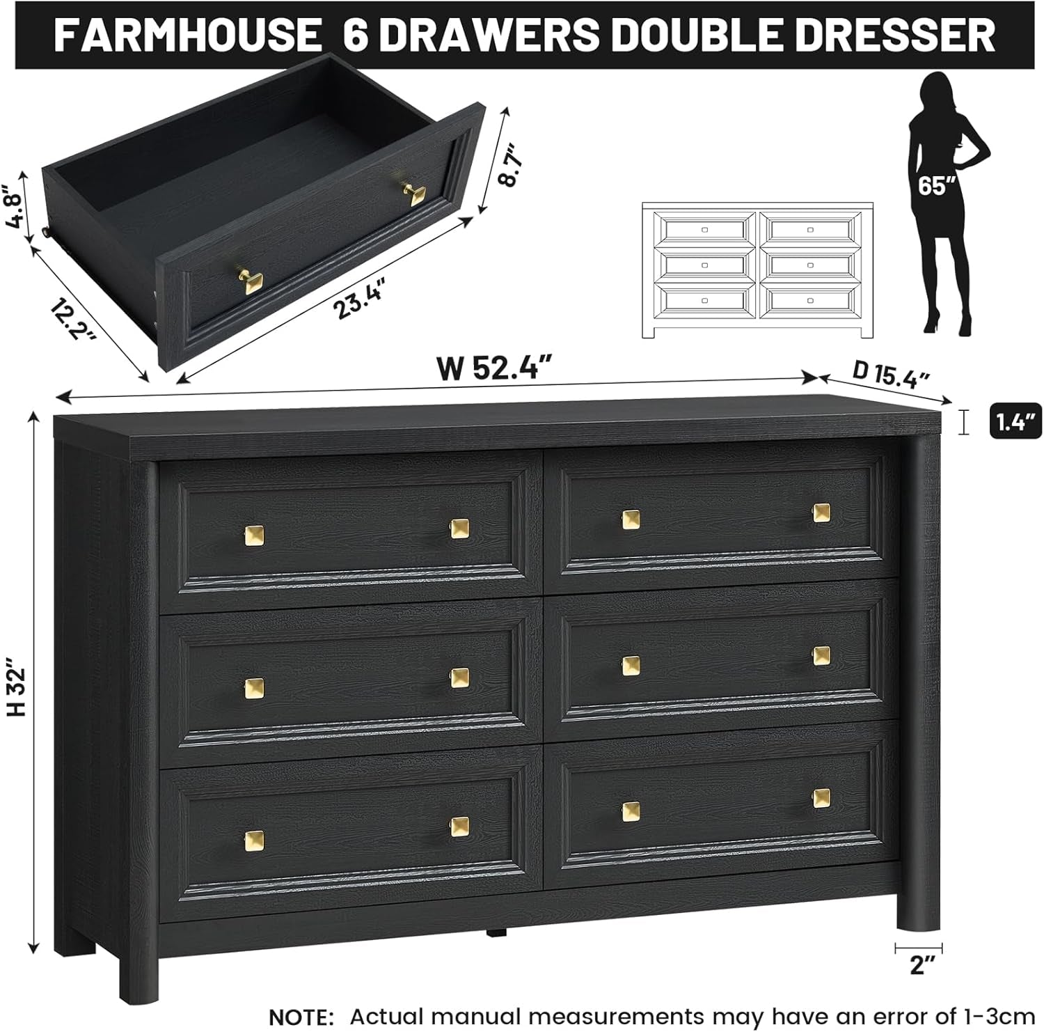 JetBlack SolidWood Farmhouse Dresser 52 Inch Drawer-1