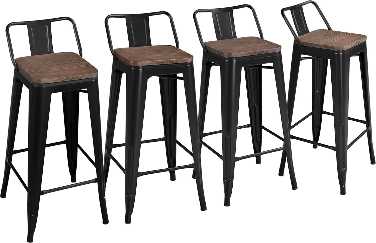 30" Metal Barstools Set of 4 Bar Height Bar Stools with Wooden Top Low Back Industrial Bar Stools Metal Stool for Indoor-Outdoor Counter Stools with Wooden Seat Matte Black-0
