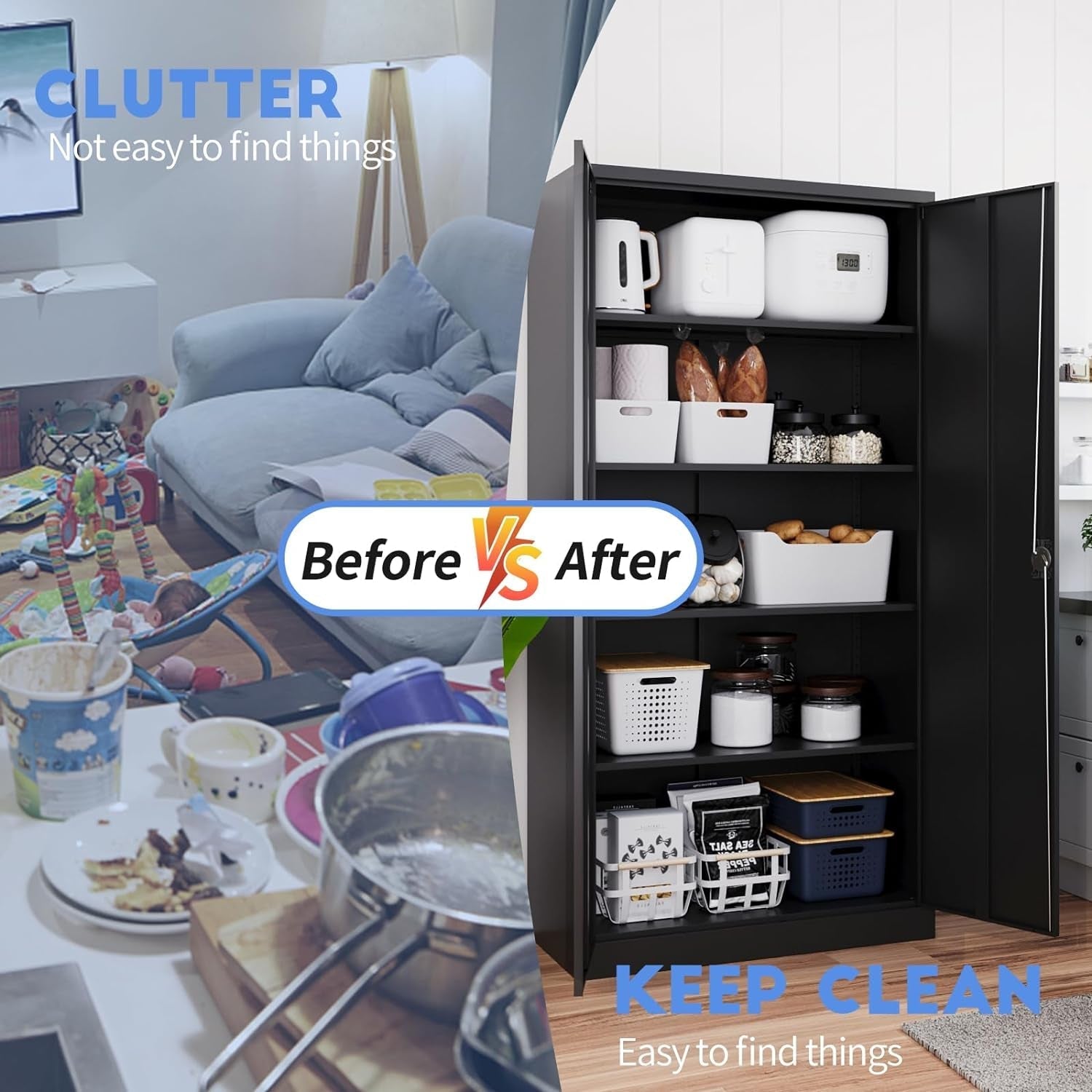 Black Metal Storage Cabinet With Lock And Shelves Garage-1