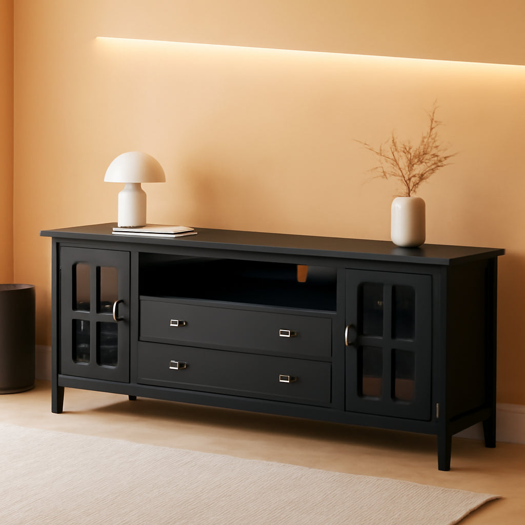 Artisan SOLID WOOD 72 Inch Wide Transitional TV Media Stand in Black for Tvs up to 80 Inches, for the Living Room and Entertainment Center-0