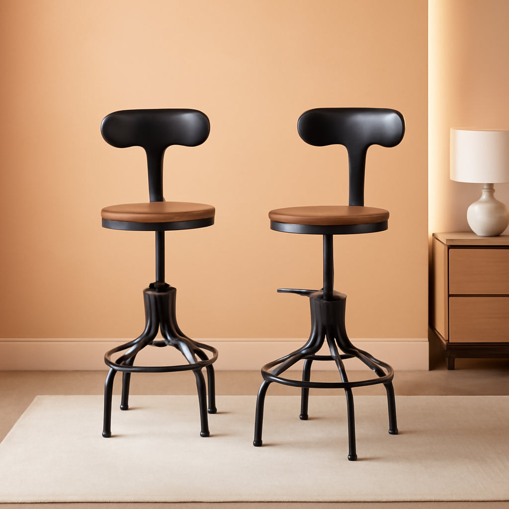 Adjustable Rustic Industrial Bar Stool Brown Seat Set of 2-0