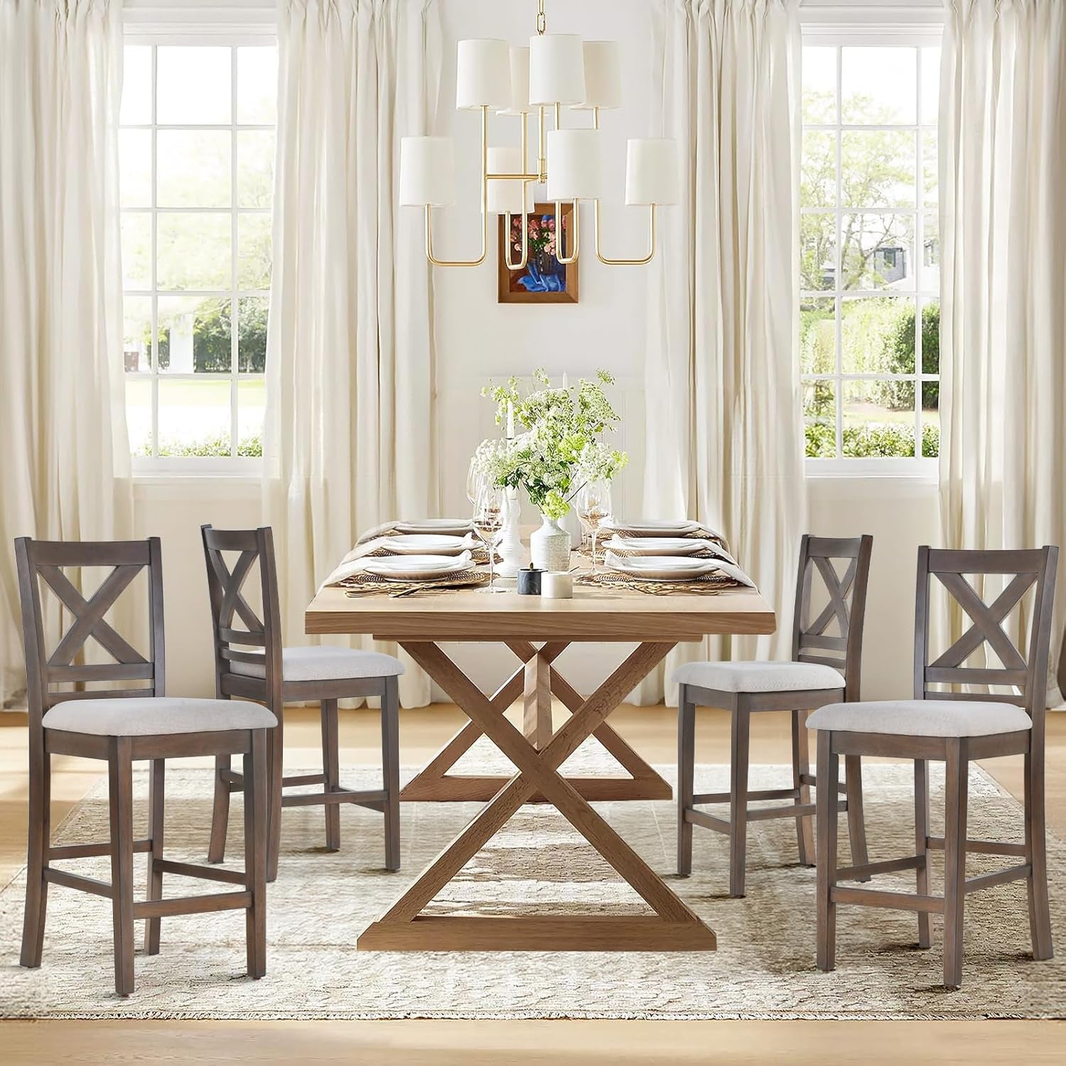 Upholstered Counter Height Bar Stools Set of 4, Modern Kitchen Island Barstools Chairs with Cross Back and Wood Legs for Dining Room Bar, Light Brown Wash-2