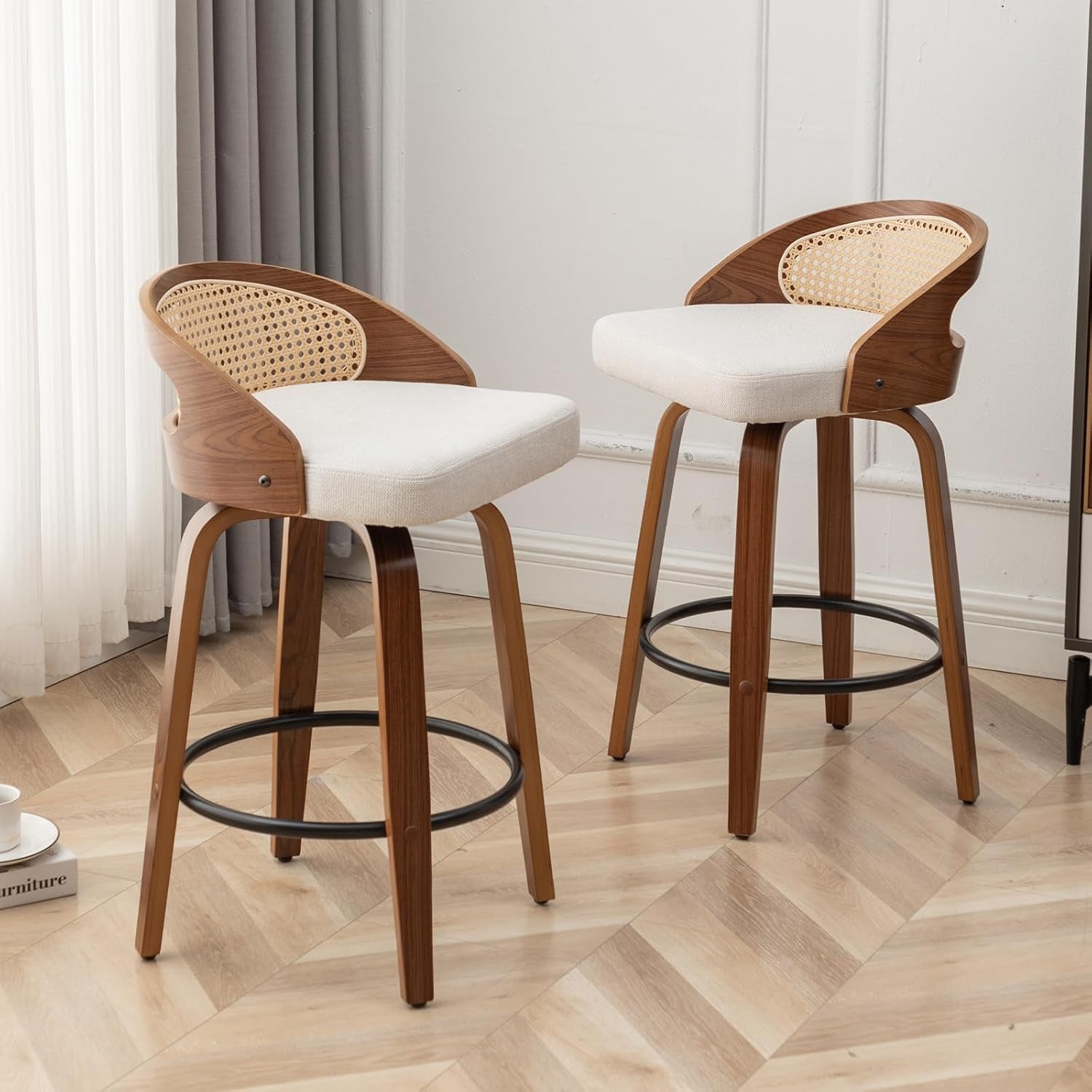 Mid-Century Modern Swivel Rattan Bar Stools Set-0