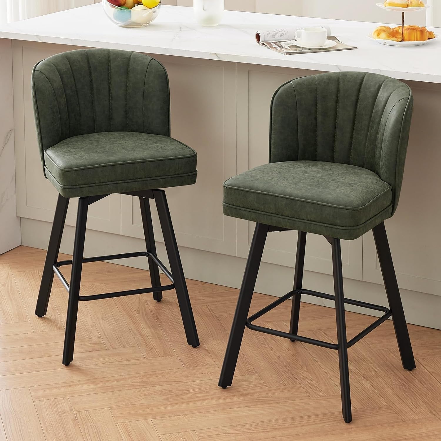 Swivel Counter Height Bar Stools Set of 2, 26'' Modern Barstools with Backs and Metal Legs, Upholstered Bar Chairs, Faux Leather Green Stools for Kitchen Island Chairs-0