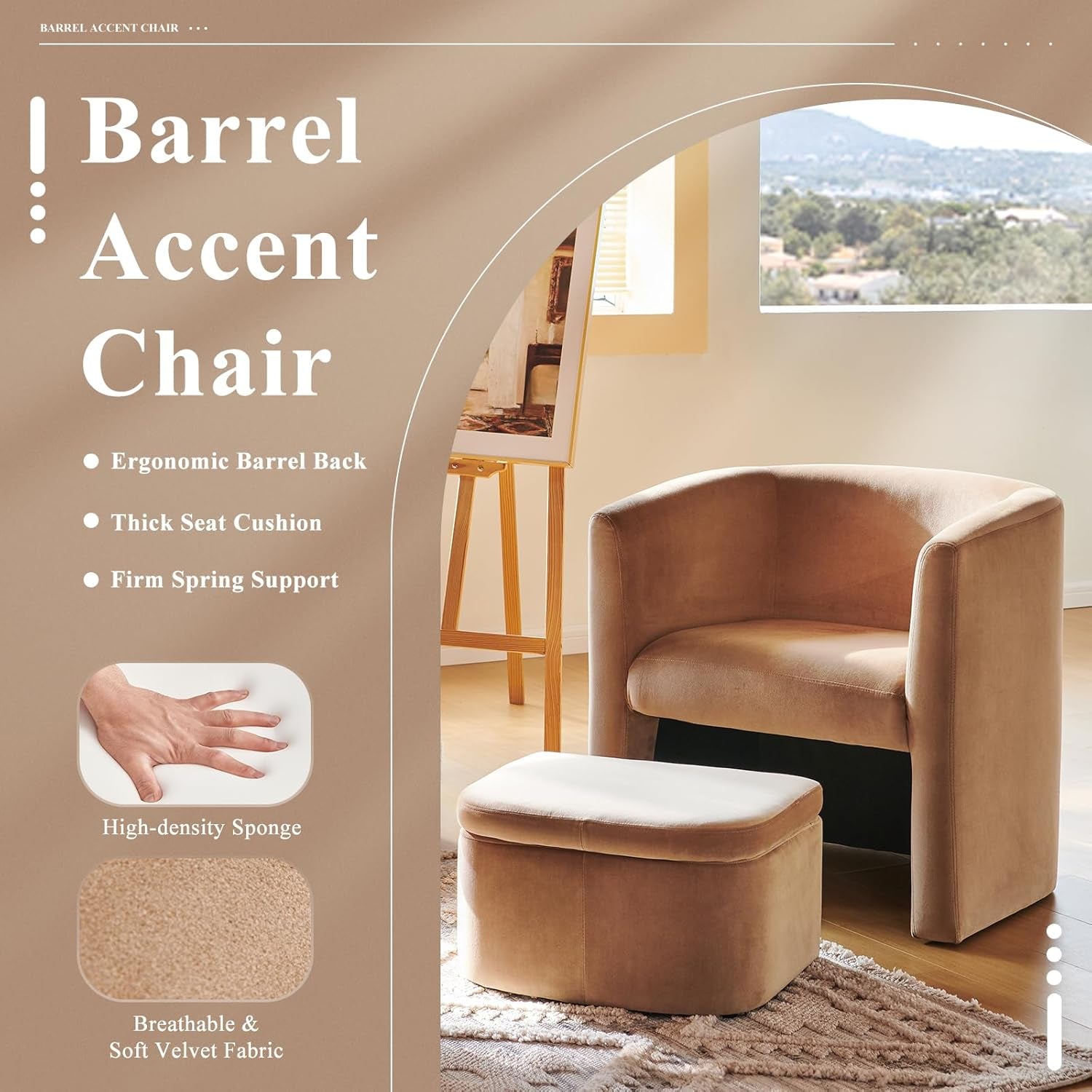 Velvet Barrel Accent Chair With Storage Ottoman Khaki-3