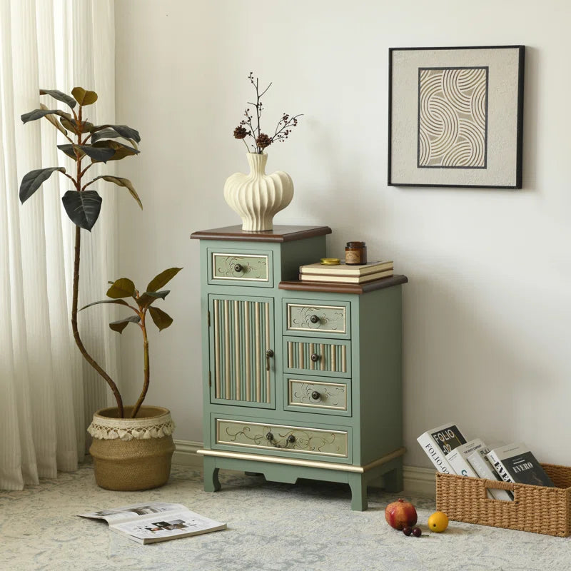 Farmhouse Sage Green Cabinet With Five Drawers Door-0