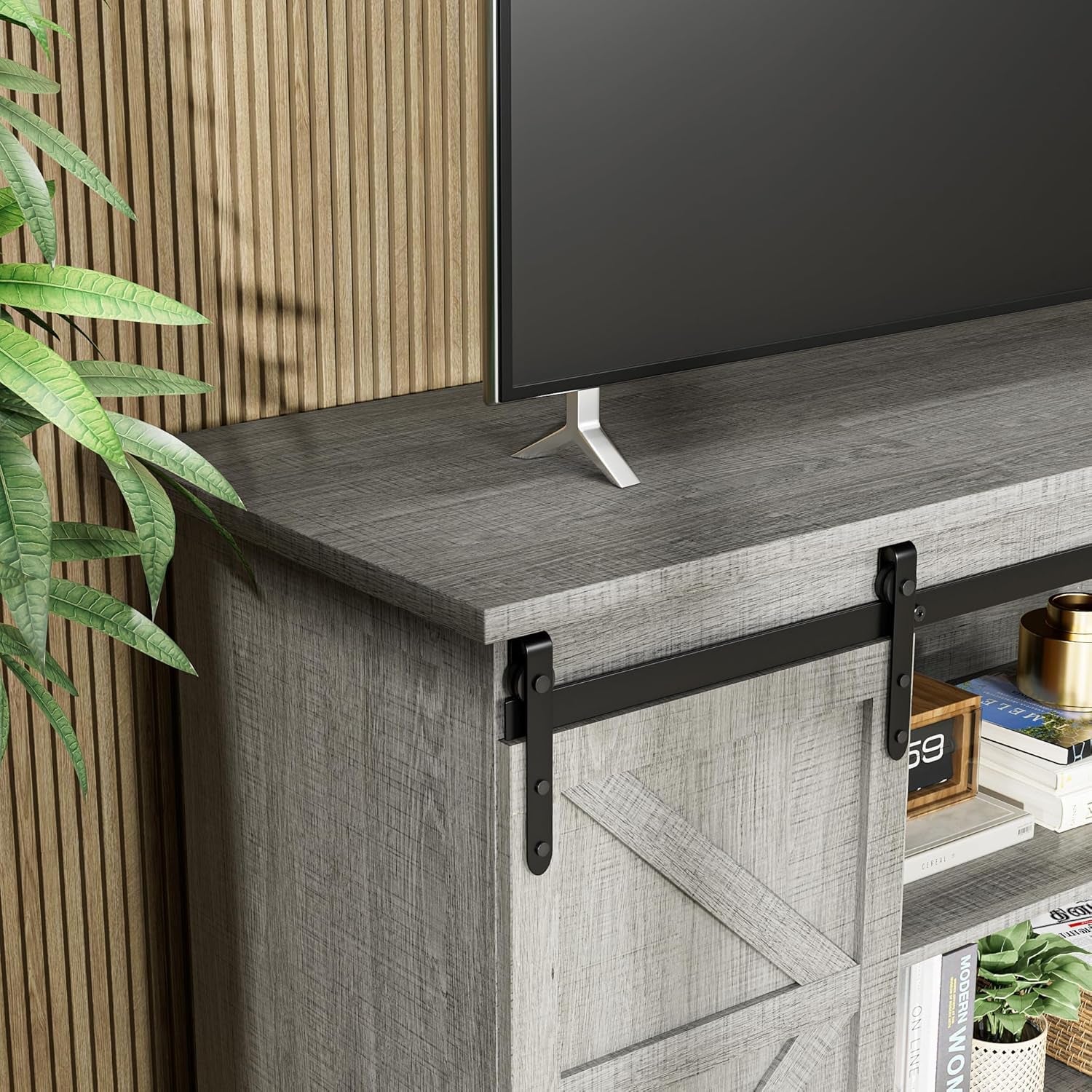 TV Stand for 65 Inch TV, Entertainment Center with Storage Cabinets and Sliding Barn Doors, Mid Century Modern Media TV Console Table for Living Room Bedroom (Pale Gray)-3