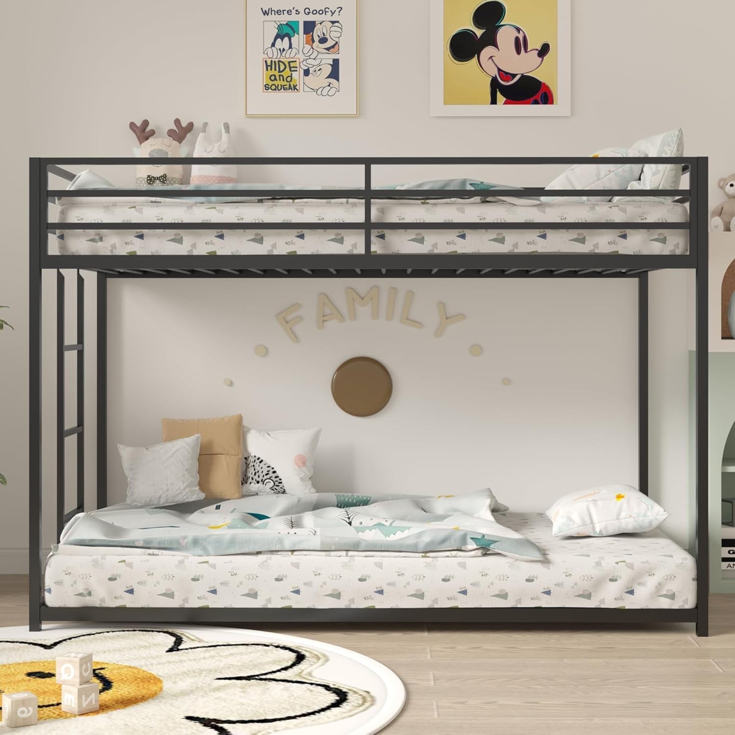 Twin Bunk Bed with Stable Ladder, Twin over Bed Frame with Full-Length Guardrail, Low Platform Bed Frame for Adults, Teens, Boys,Girls, No Box Spring Needed, Black-0