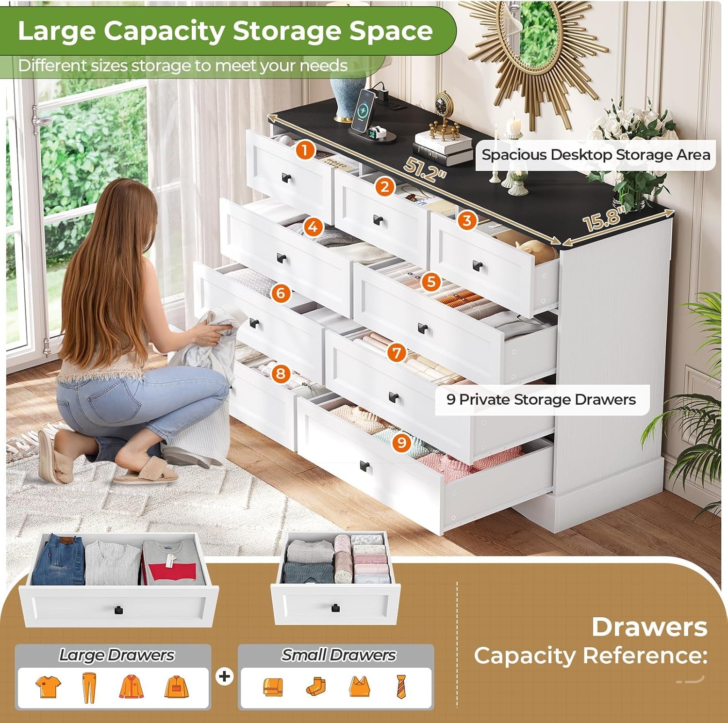 Dresser for Bedroom with 9 Drawers, 51.2" Large Dresser with Charging Station, Wide Farmhouse Dresser Chest of Drawers, Wooden Storage Tower Organizer, Dresser for Bedroom Closet, White/Black-2
