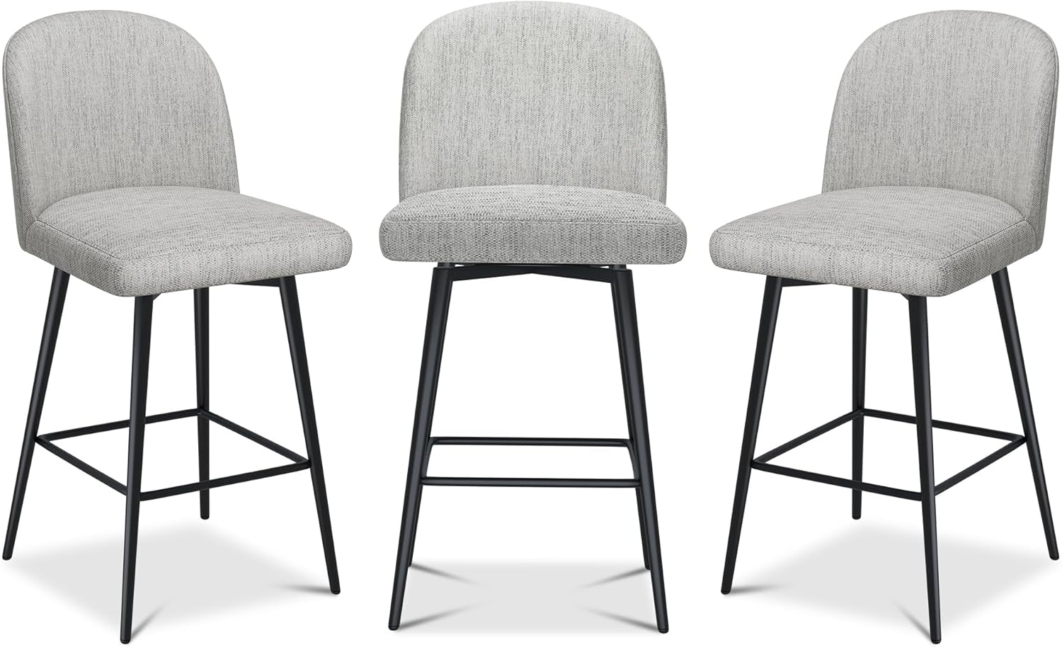 Counter Height Bar Stools Set of 3, 26 Inch Upholstered 360°Swivel Barstools with Back and Metal Legs, Linen Fabric Counter Stools for Kitchen Island, Dining Room, Pub, Light Grey-0