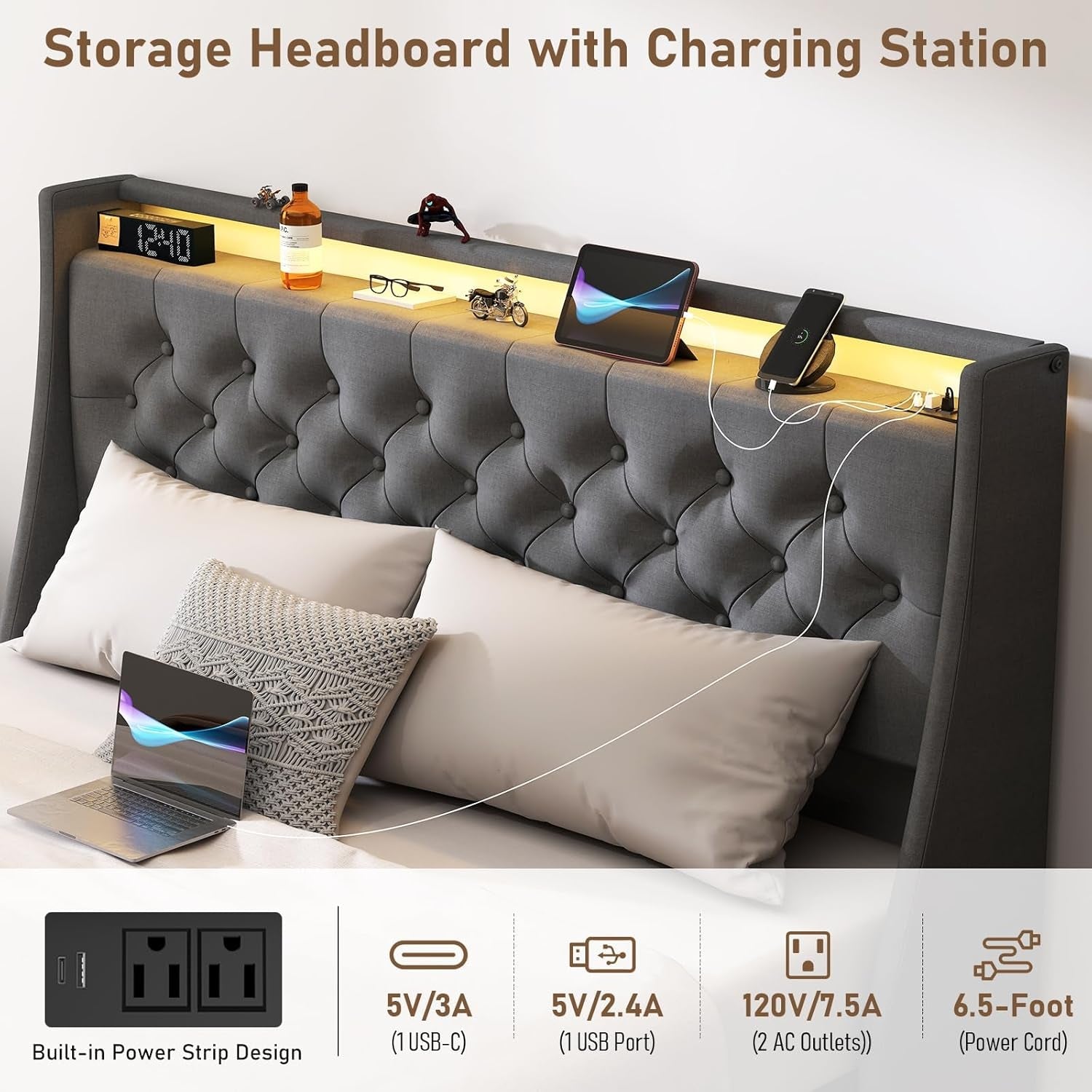 Queen Bed Frame with Storage Headboard and 4 Drawer, Metal Platform Bed Frame Queen Size with LED Light, Charging Station, No Box Spring Needed, Noise Free, Easy Assembly, Grey-4